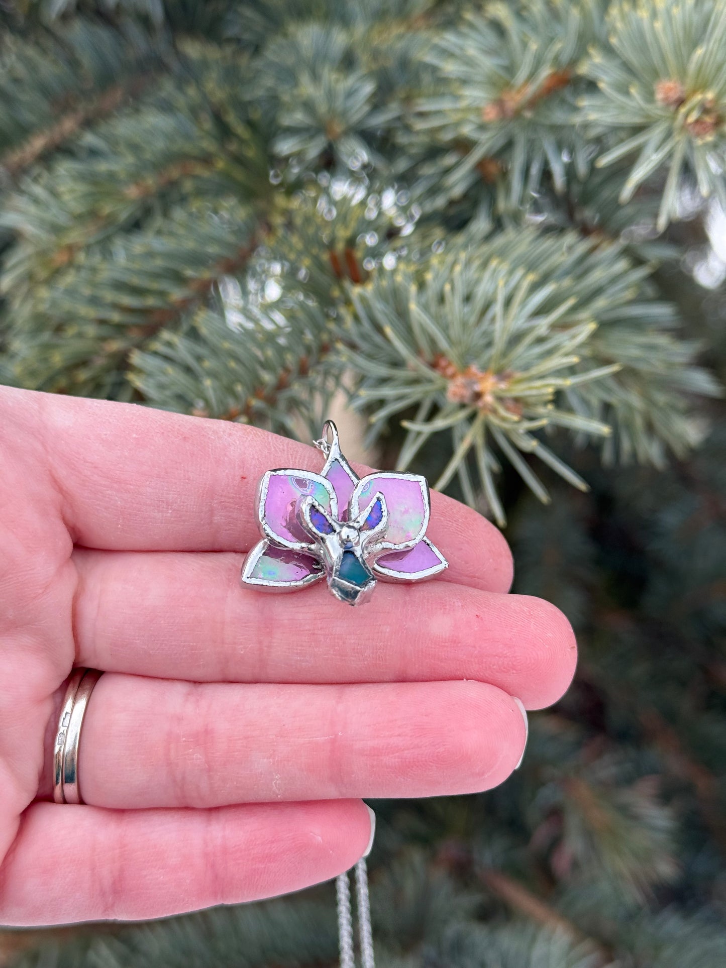 " . Necklace Orchid Candy Pink iridescent Necklace” Stained glass tropical flower 3D, art jewelry