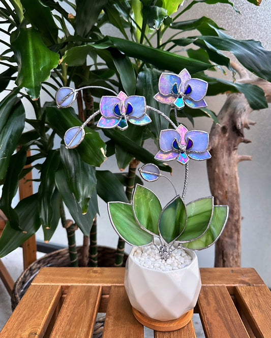 " . Lavender iridescent Orchid 3 flowers with pot” Stained glass tropical flower 3D, Sun catcher, Table plant, Garden stick, Outdoor and gardening decor