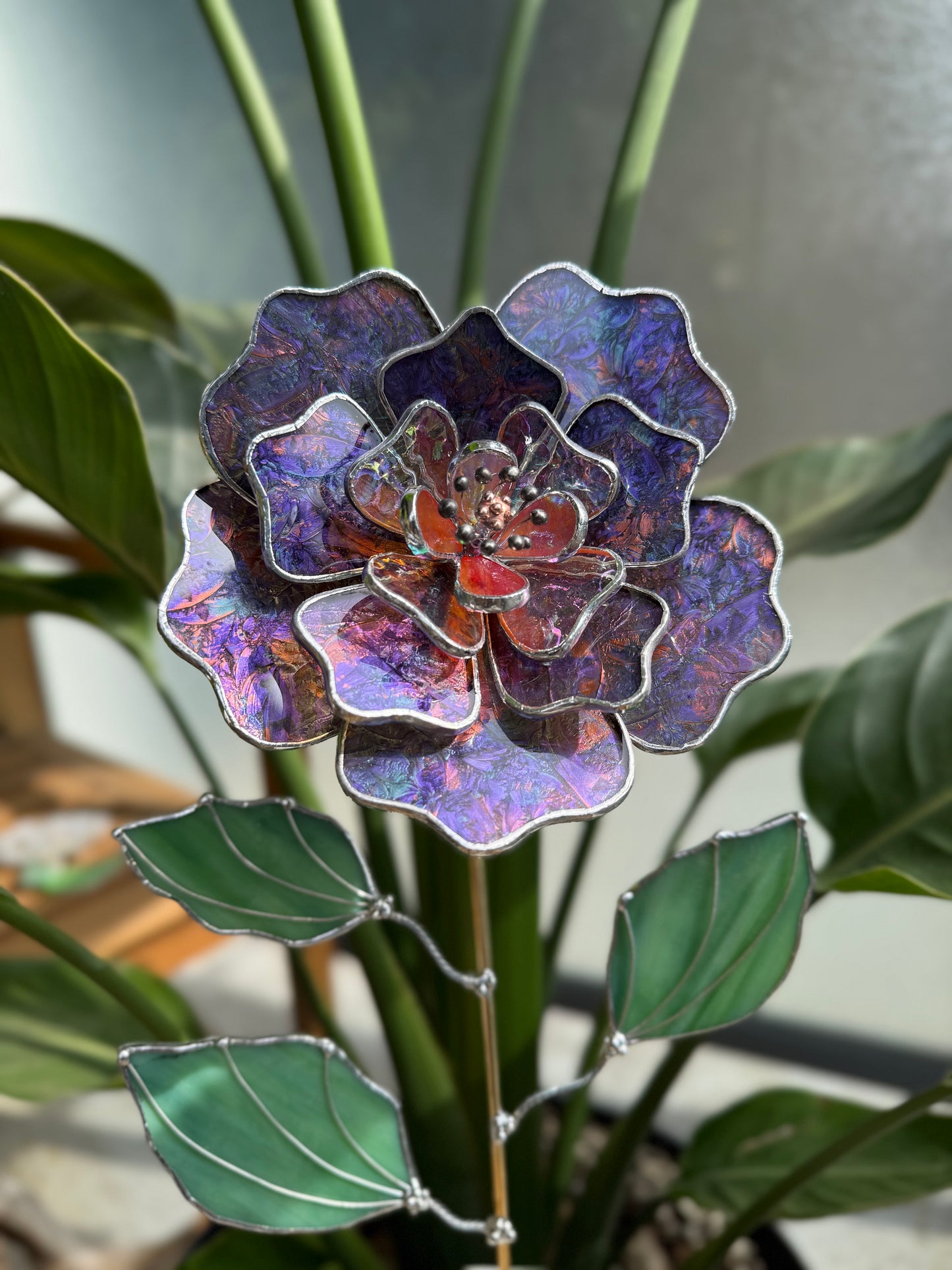 .Multicolor Peony Stained glass flower 3D Botanical Table Plant Decor new