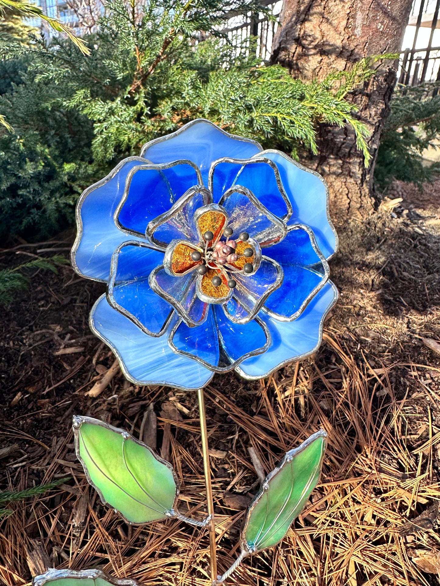 ". Peony Stained glass flower Sky Blue & Gold,  tropical 3D Sun catcher, Table plant decor