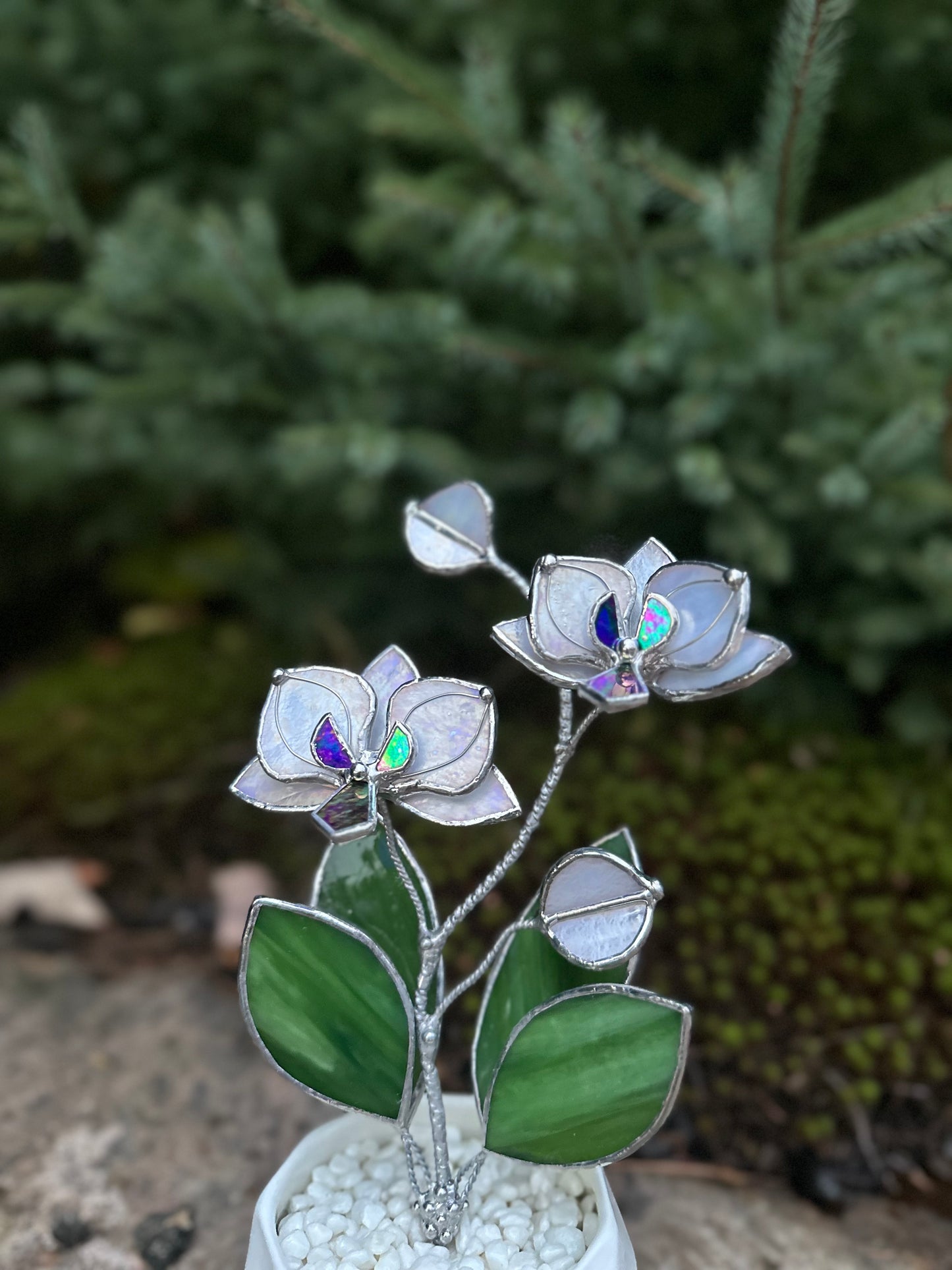 " . Orchid White Pearl iridescent, 2 flowers with pot” Stained glass tropical flower 3D, Sun catcher, Table plant decor, Garden stick, Outdoor and gardening decor