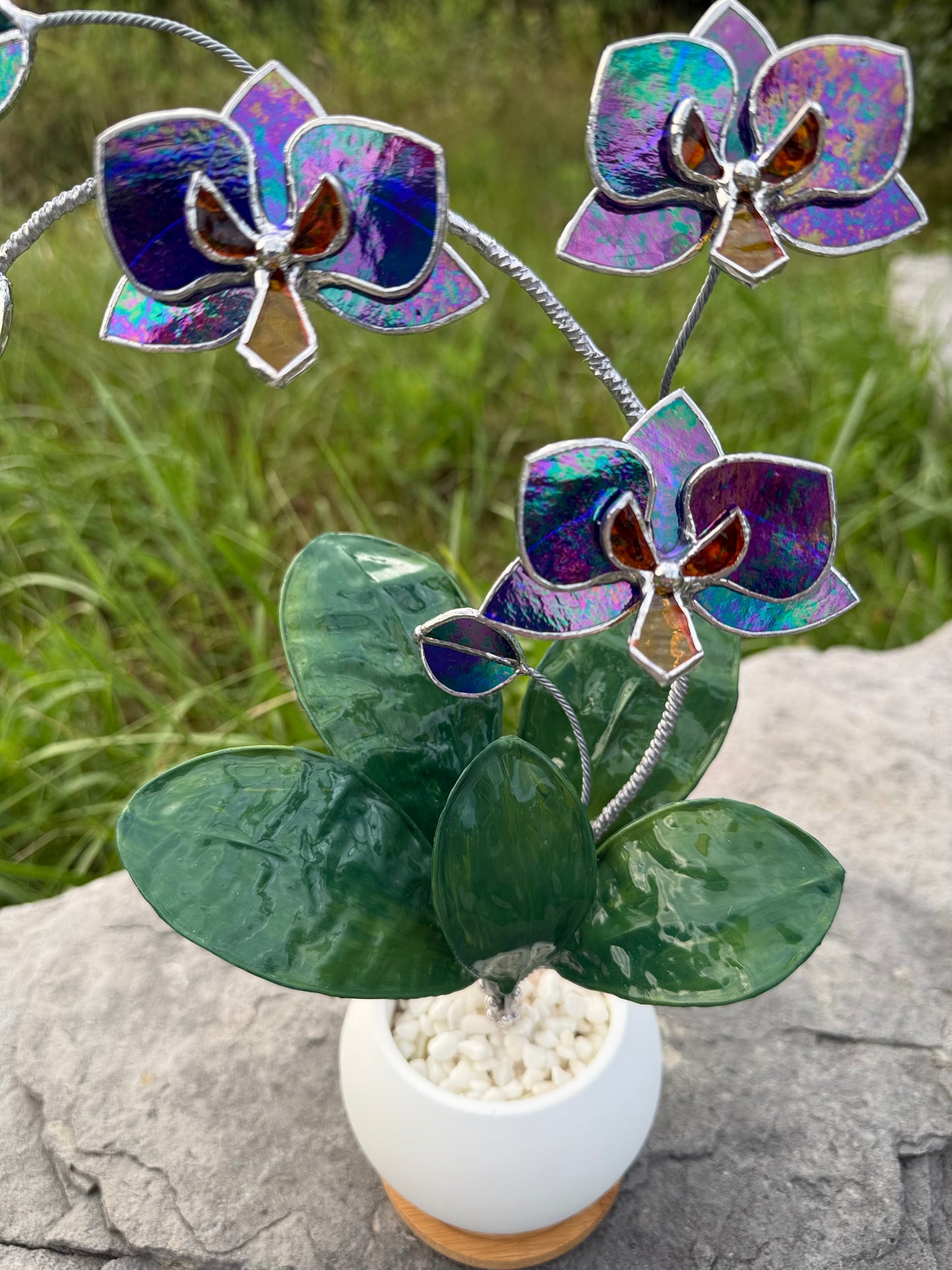 Orchid Indigo Iridescent Stained Glass WITH Hand Painted RESIN LEAVES, 3 Flowers, Botanical Table Decor