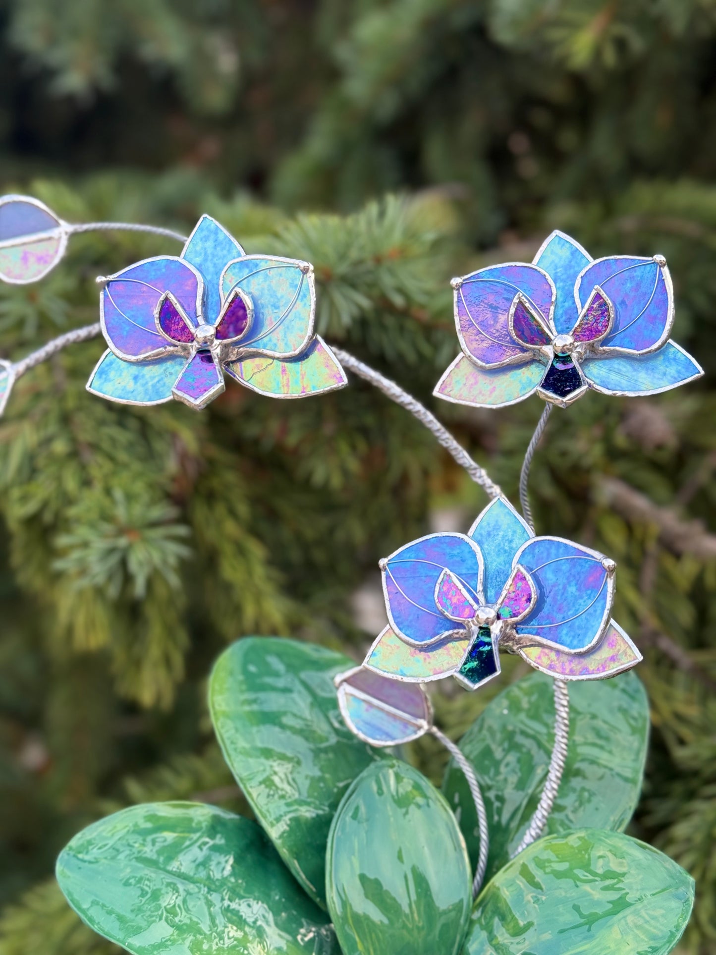 Orchid Lavender Blue Stained Glass WITH Hand Painted RESIN LEAVES, 3 Flowers, Botanical Table Decor