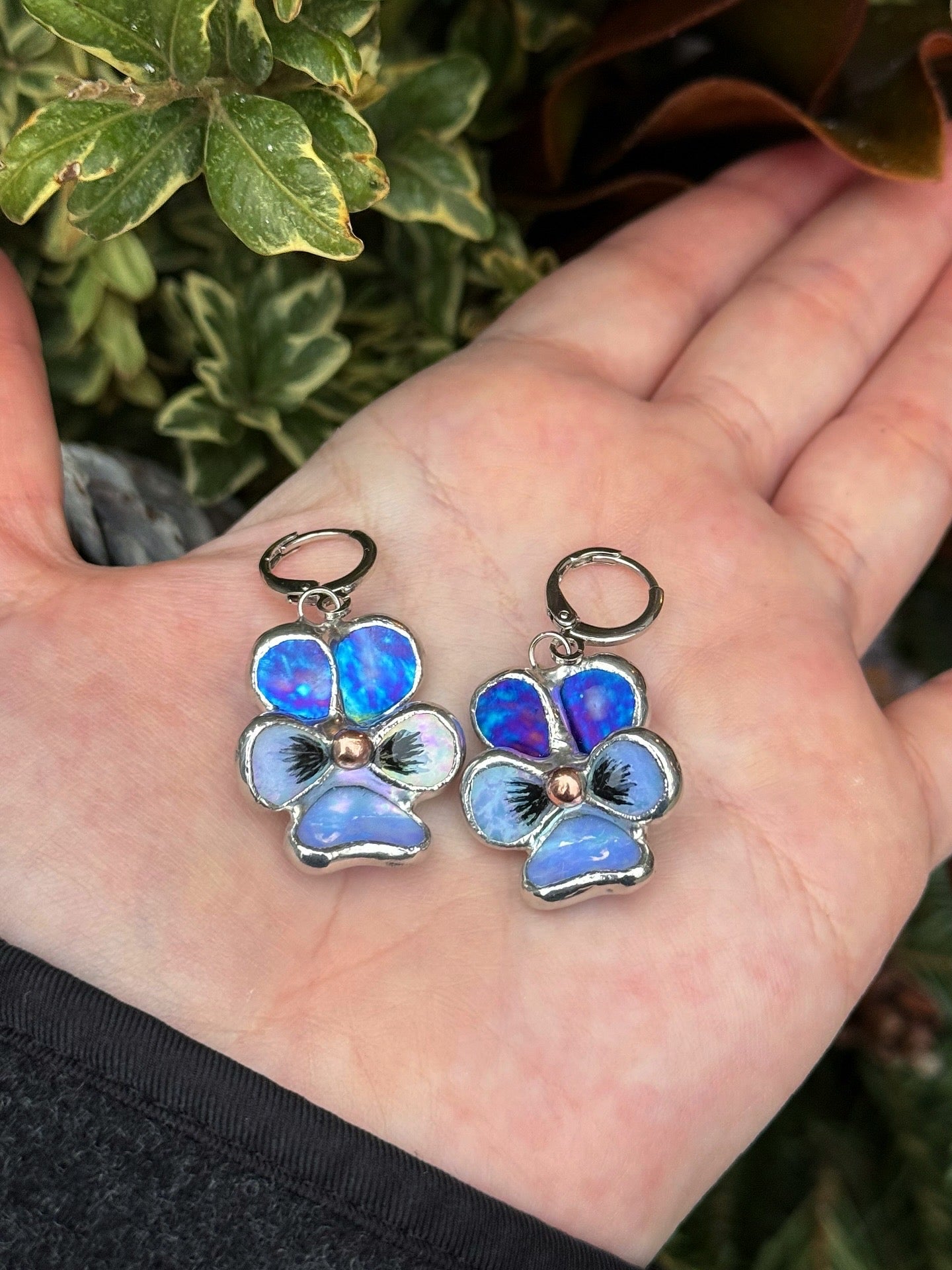 "  . Earrings Pansy flower Indigo iridescent” Stained glass modern floral art jewelry