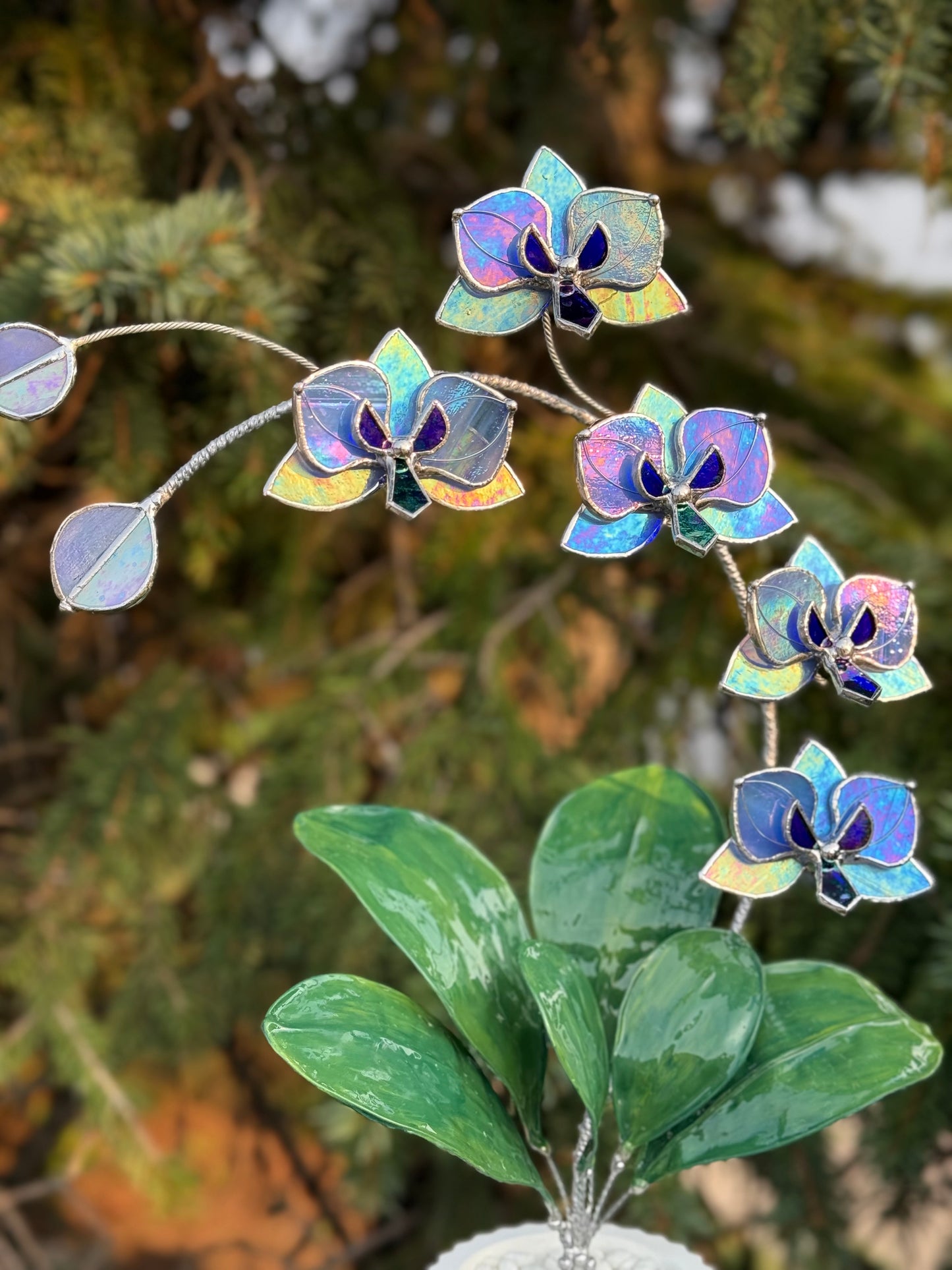 .Blue lavender Orchid, WITH RESIN LEAVES, 5 Flowers, Handmade Stained Glass Botanical Art Decor