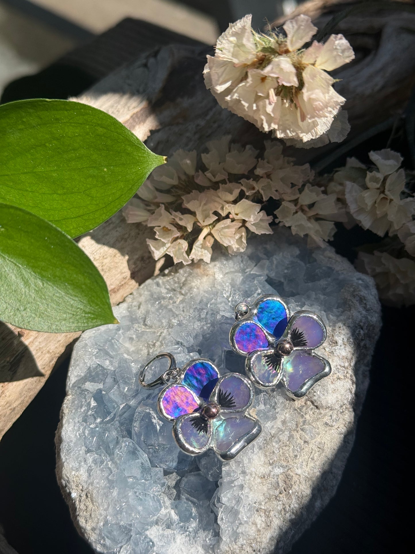 Pansy Earrings Indigo Lavender Handcrafted Stained glass Botanical Art Jewelry