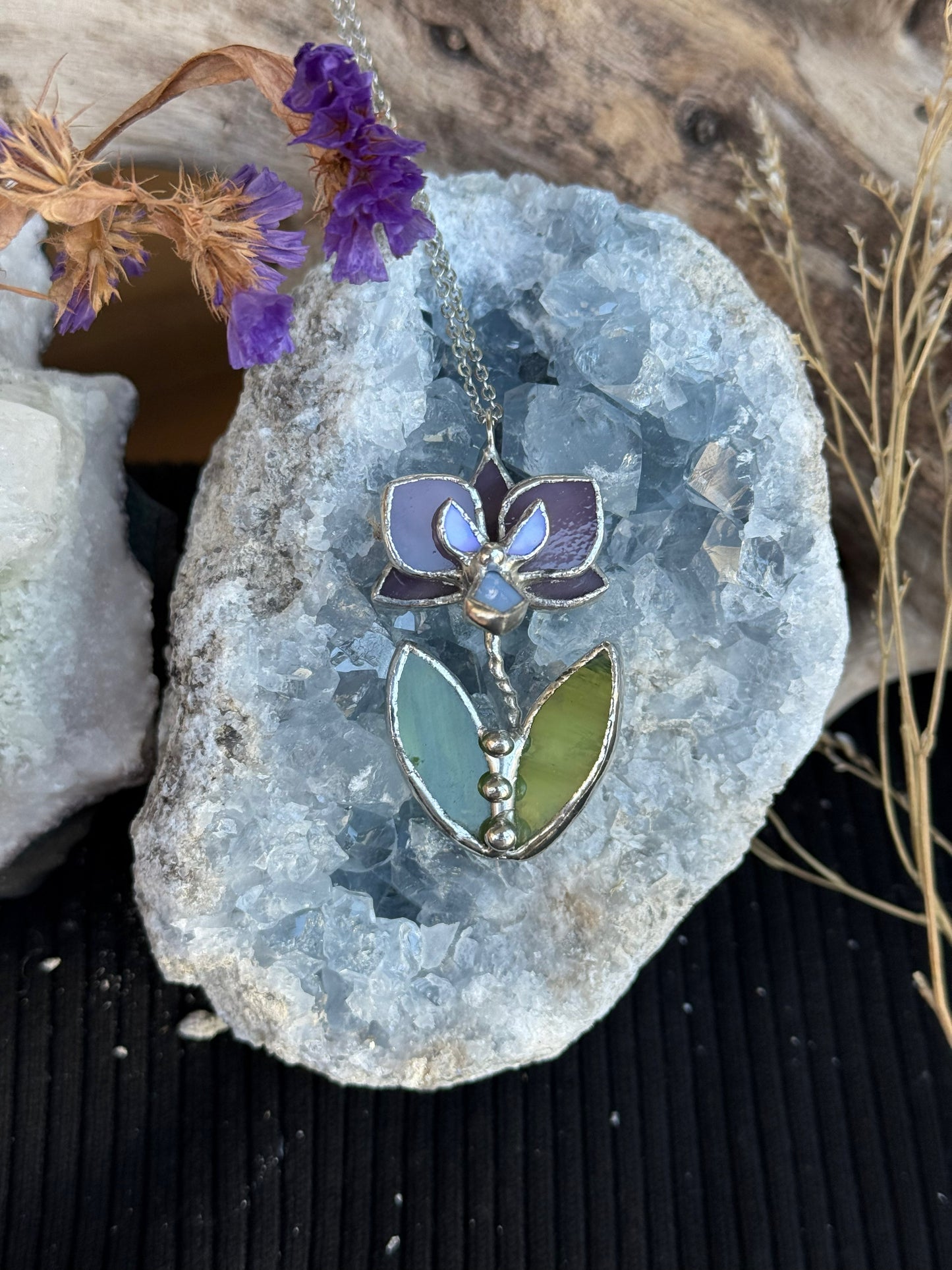 " . CHOOSE COLOR “NECKLACE OR BROOCH orchid flower with leaves” Stained glass tropical flower 3D, art jewelry