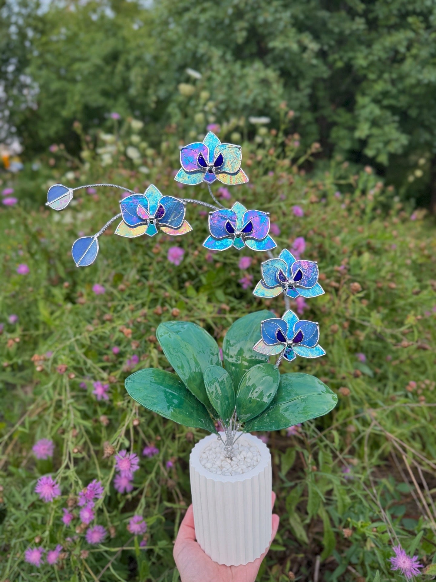 .Blue lavender Orchid, WITH RESIN LEAVES, 5 Flowers, Handmade Stained Glass Botanical Art Decor