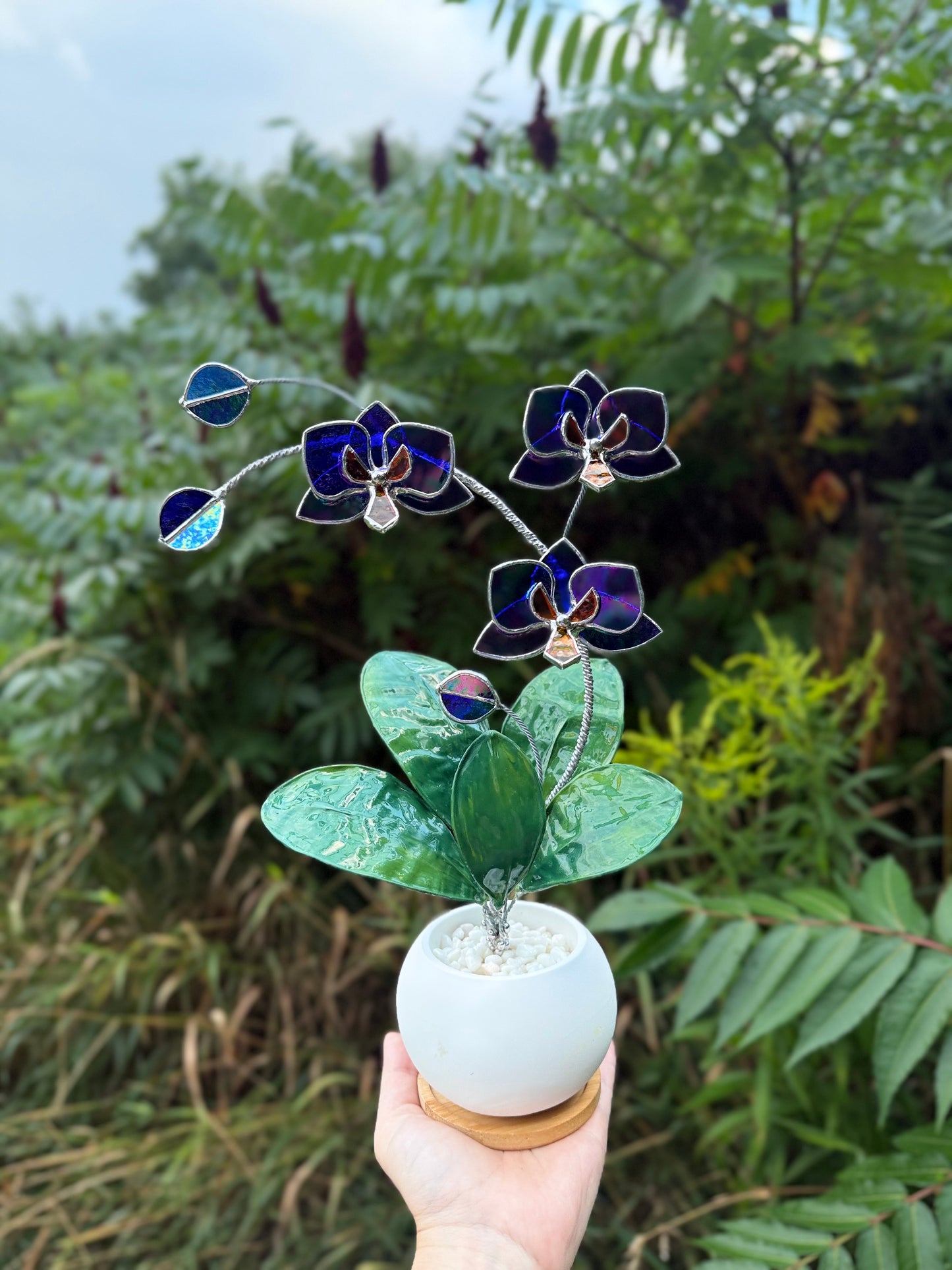 Orchid Indigo Iridescent Stained Glass WITH Hand Painted RESIN LEAVES, 3 Flowers, Botanical Table Decor