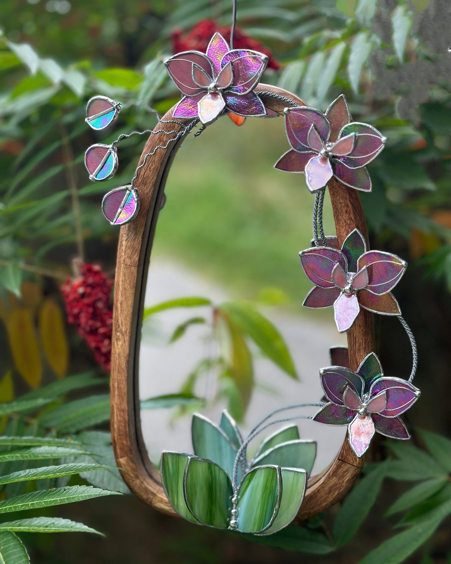 " . Butterfly Mauve iridescent Orchid Mirror”, Stained glass flower Wall decor, Suncatcher, Home wedding Decor, Christmas gift, available