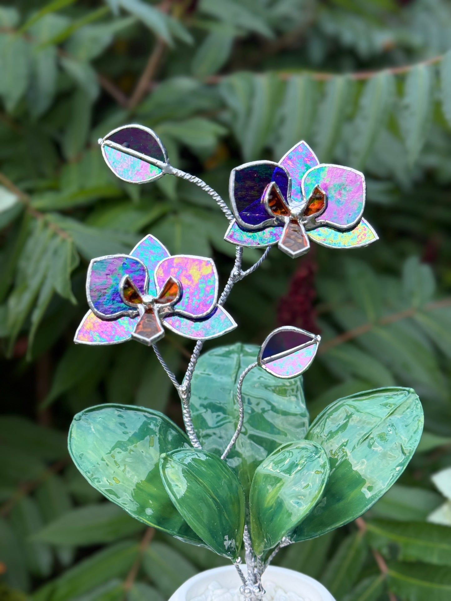 Orchid Indigo iridescent WITH RESIN Hand painted LEAVES Stained Glass 2 flowers in a Pot, Botanical Art Sculpture