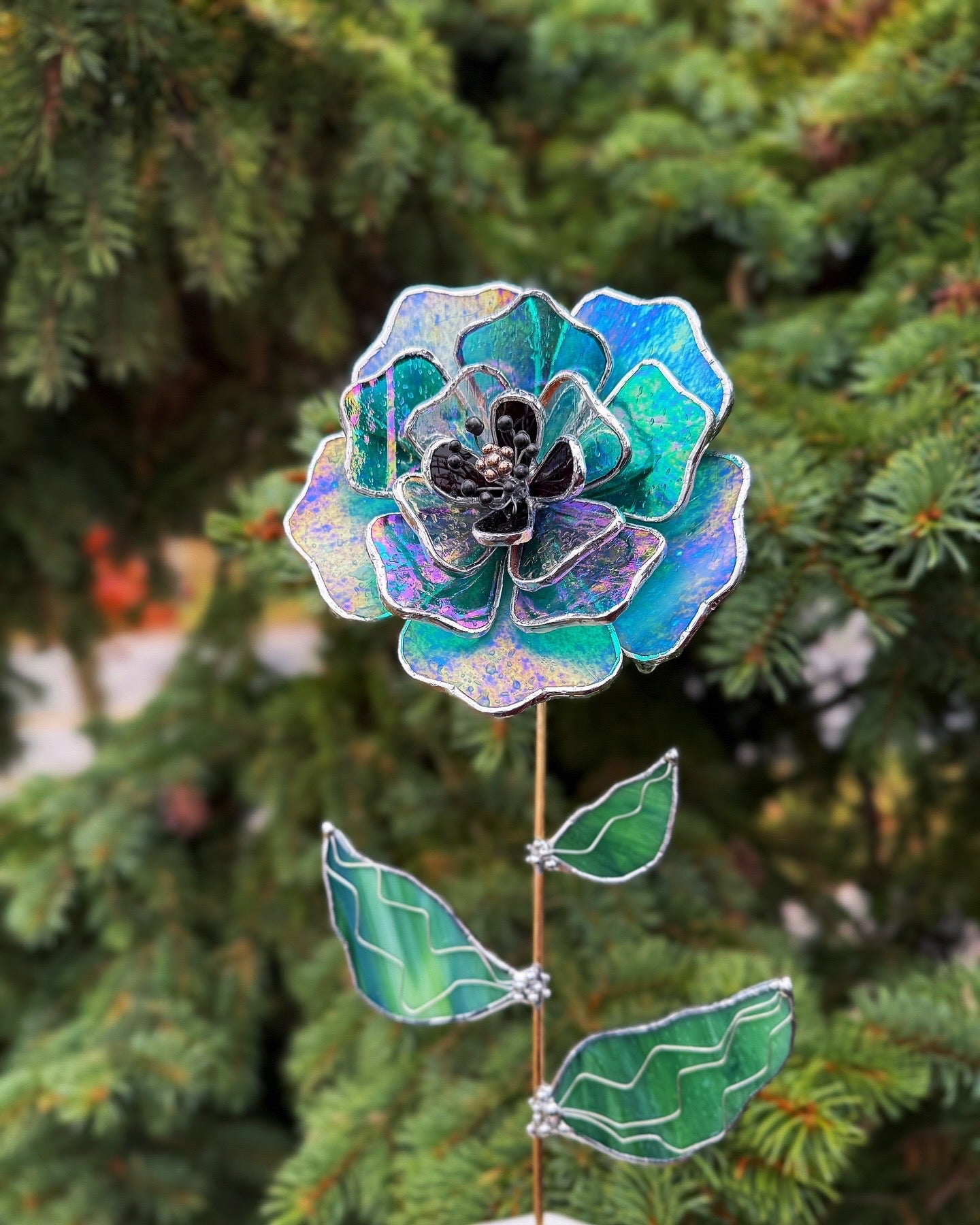 ". Peony Turquoise Iridescent" Stained glass tropical flower 3D, Sun catcher, Table plant, Garden stake, wedding decor, Christmas gift