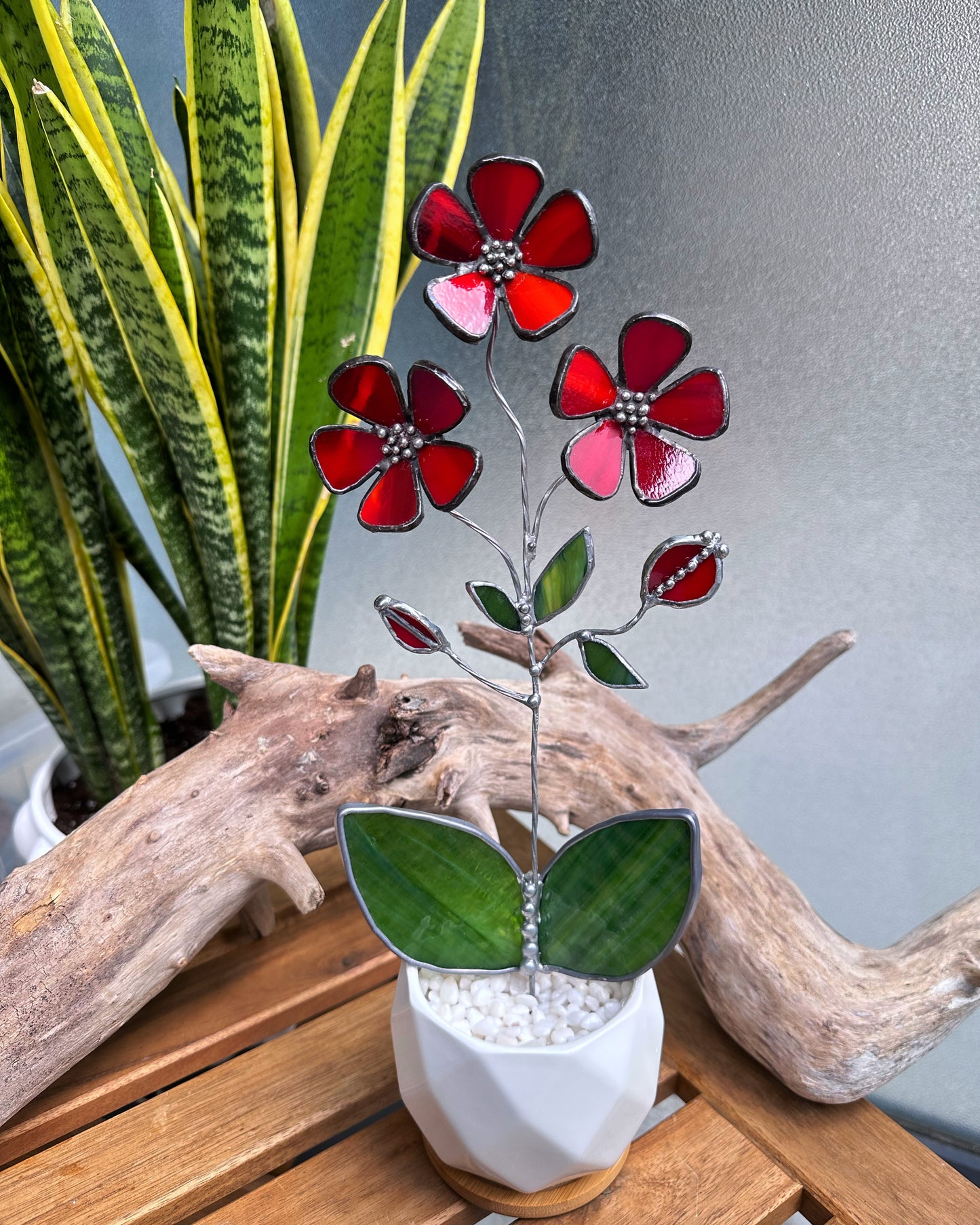 ".Ruby Red Scarlet Pimpernel flower with a pot" Stained glass tropical 3D, Sun catcher, Table plant decor, Garden stake, wedding decor, Christmas gift, available