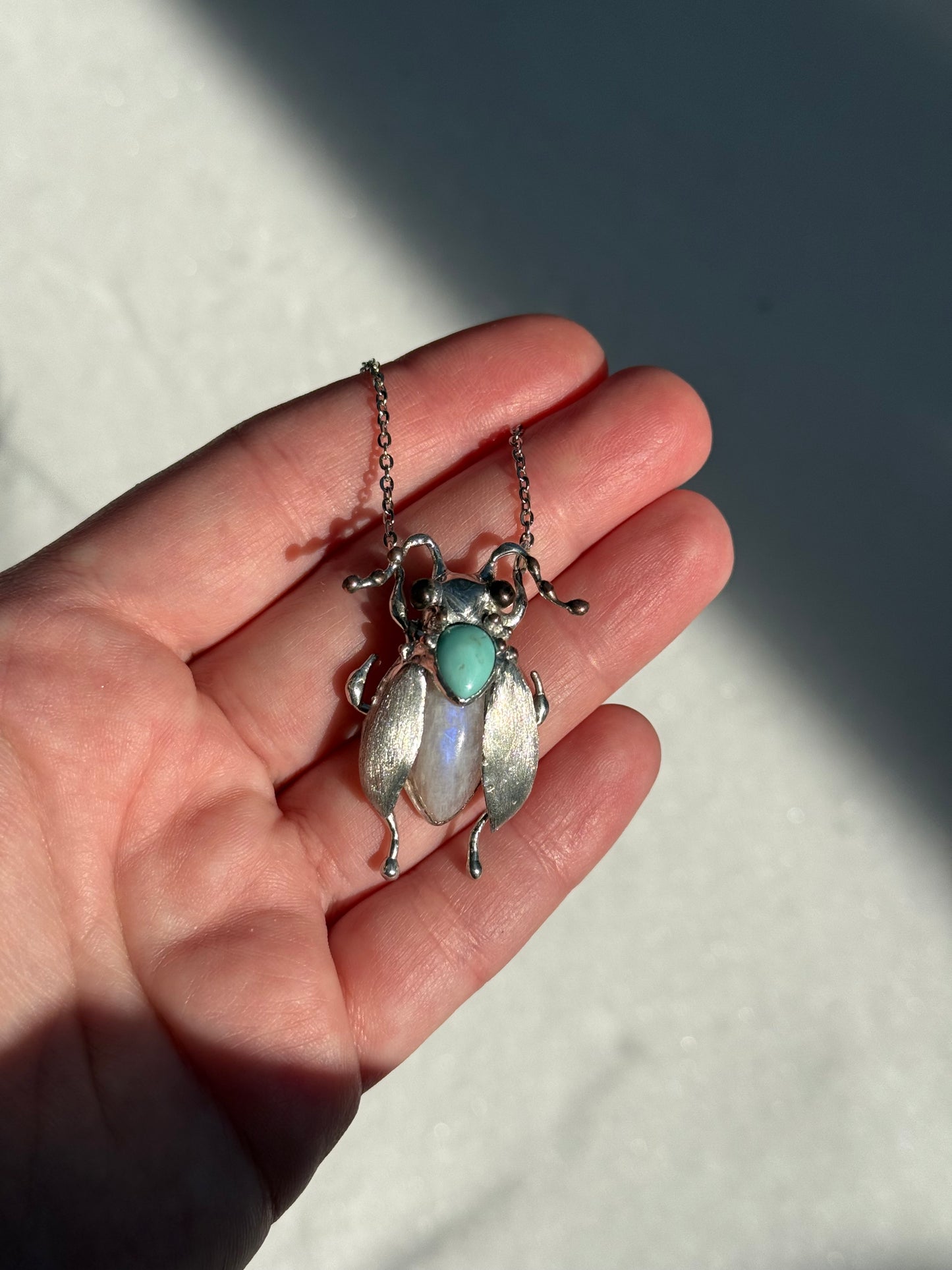 " . Bug necklace Moon Cicada with Blue Turquoise & Moonstone”, art jewelry pendant 3D wedding jewelry Mother’s Day gift