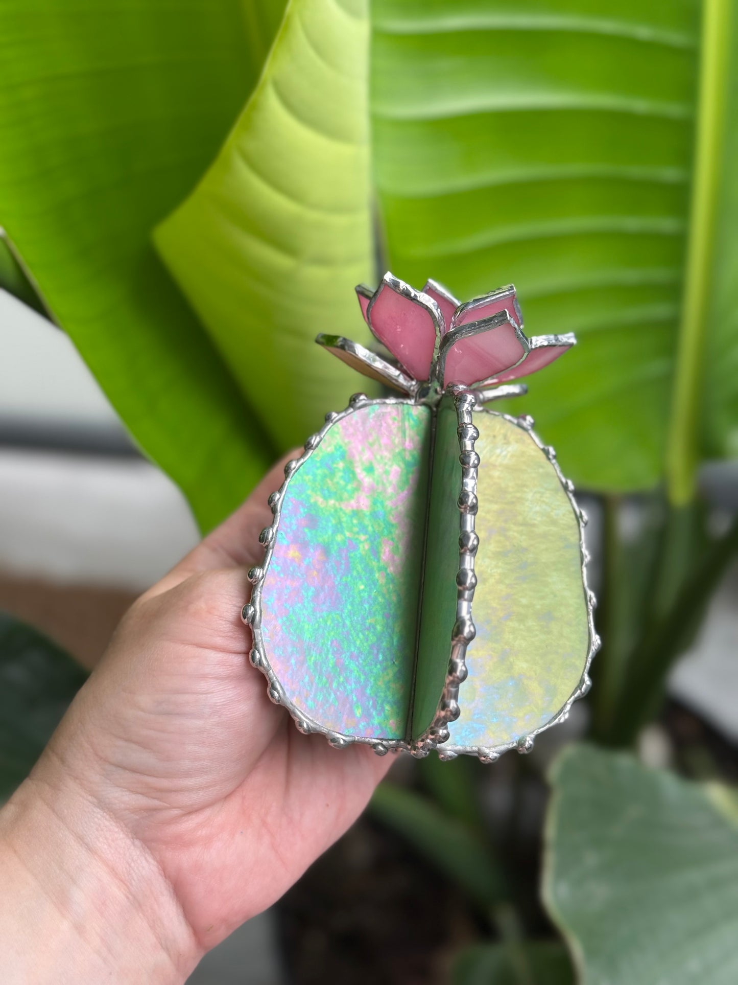 Cactus Pink iridescent Handmade 3D Stained Glass Decor Modern Art