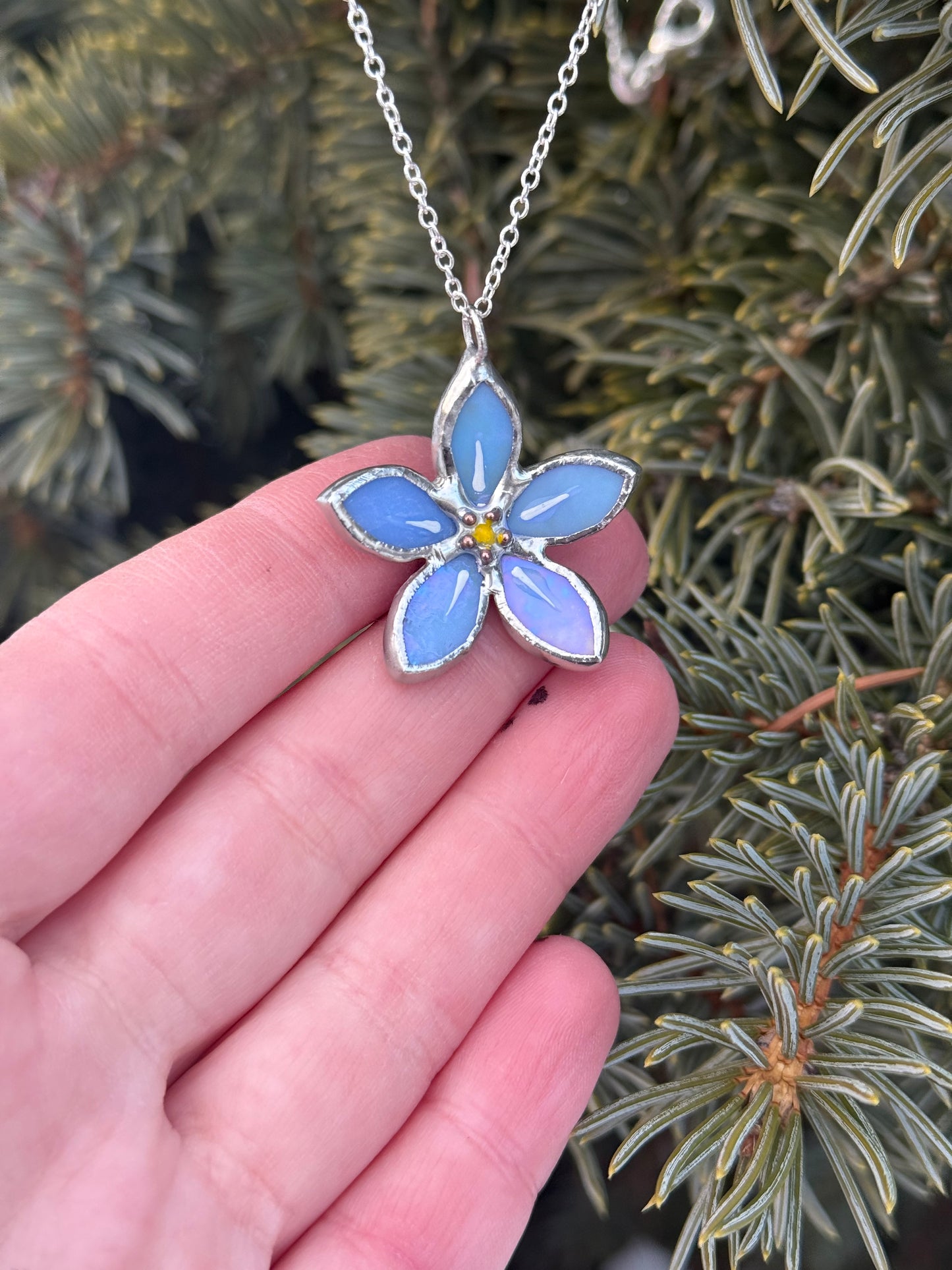 " . Necklace Stained glass Forget Me Not flower Sky Blue iridescent, Modern art, jewelry
