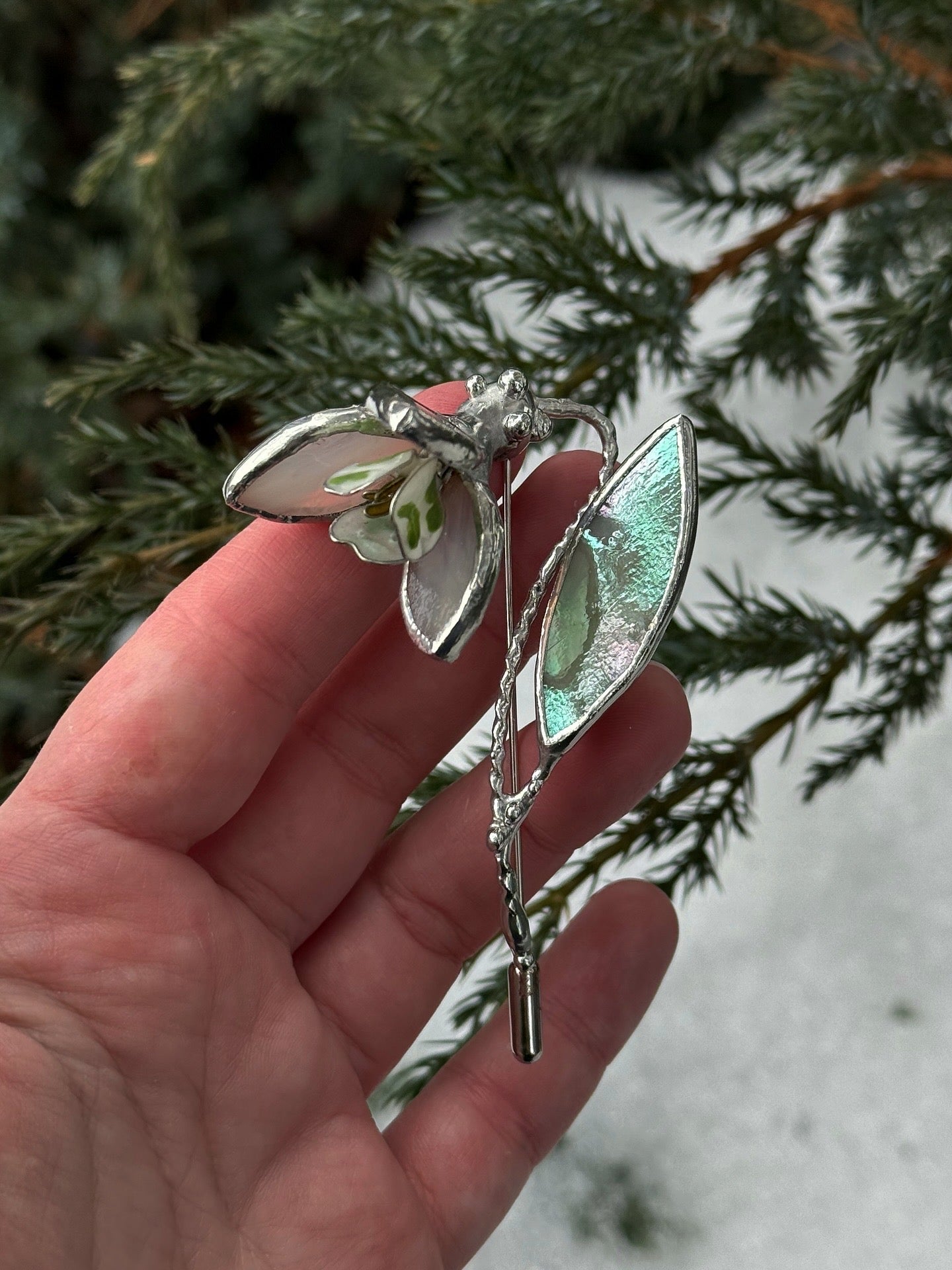 Snowdrop Brooch Statement Stained Glass Floral Pin, Modern Art Jewelry