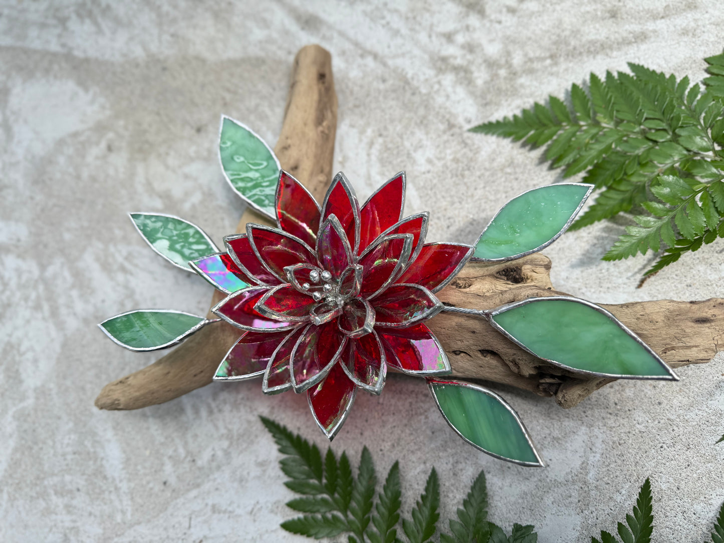 .Fire Flower Iridescent " Stained Glass Driftwood Wall Decor Suncatcher