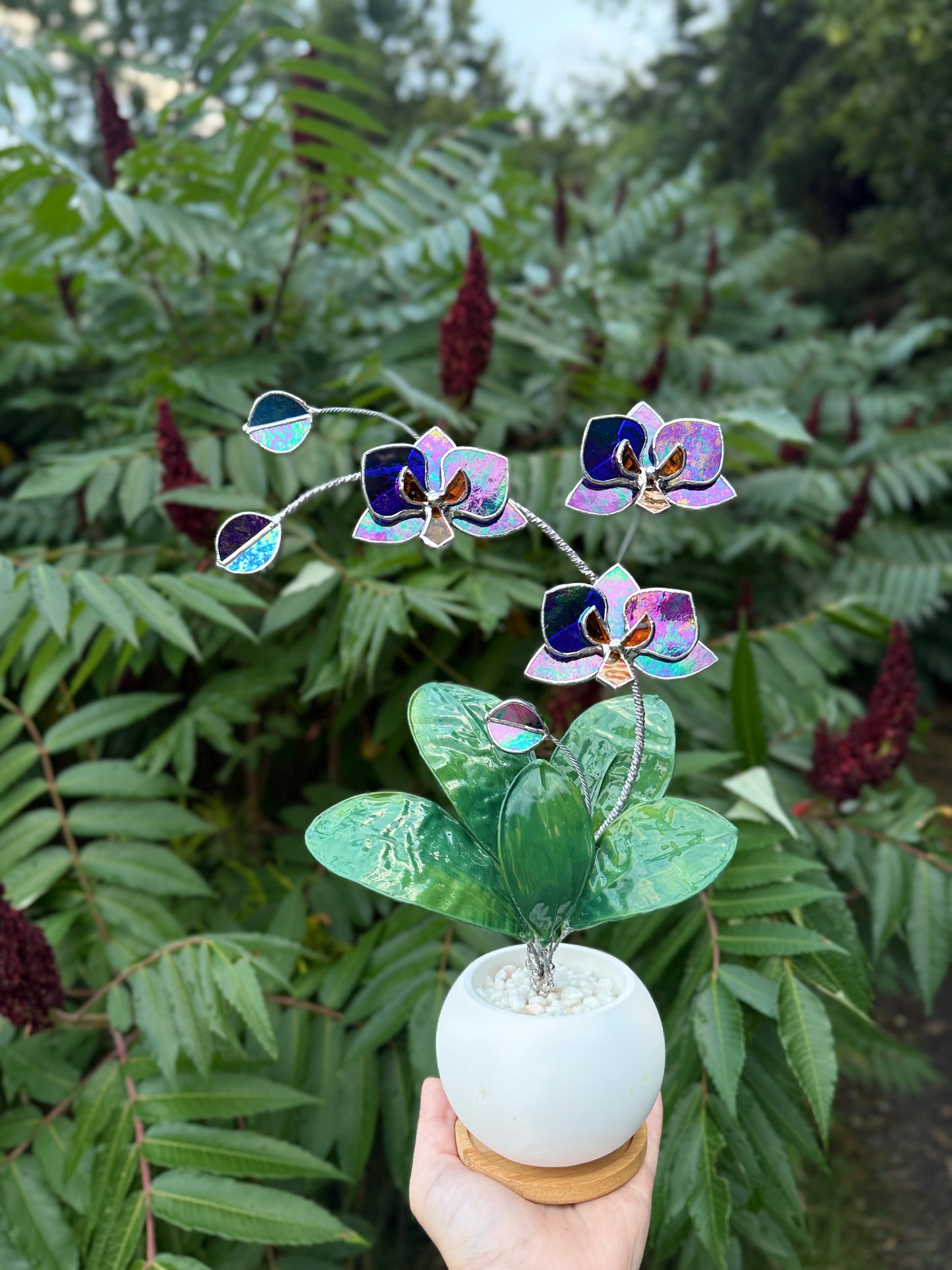 Orchid Indigo Iridescent Stained Glass WITH Hand Painted RESIN LEAVES, 3 Flowers, Botanical Table Decor