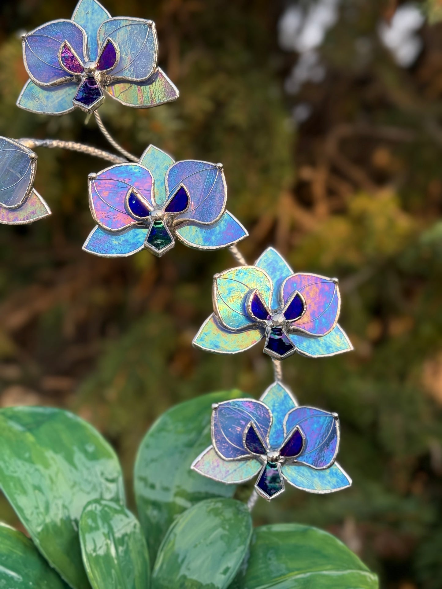 .Blue lavender Orchid, WITH RESIN LEAVES, 5 Flowers, Handmade Stained Glass Botanical Art Decor