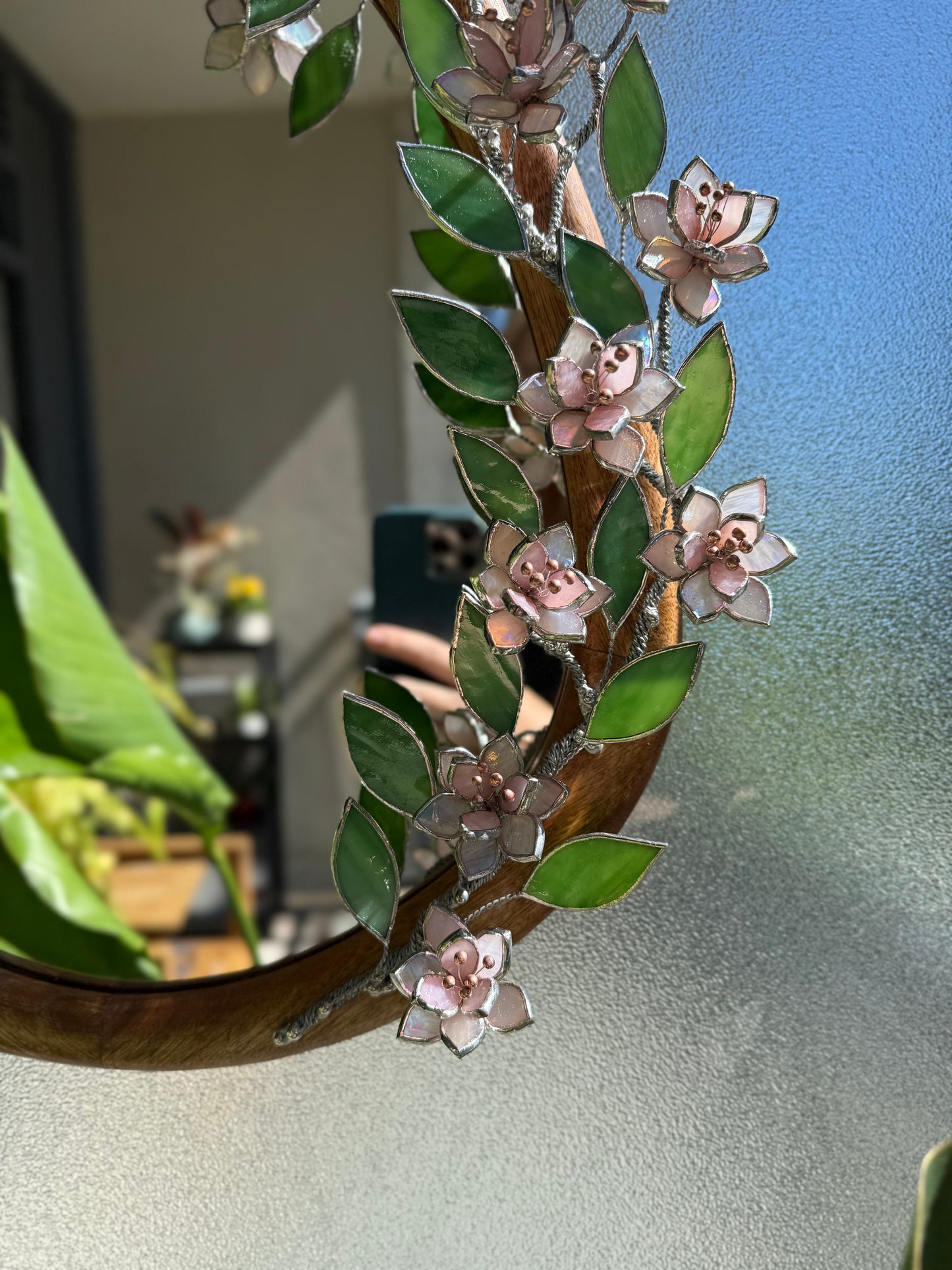 .Pink Sakura Stained glass Wall Mirror, 3D Botanical Floral Art ready new