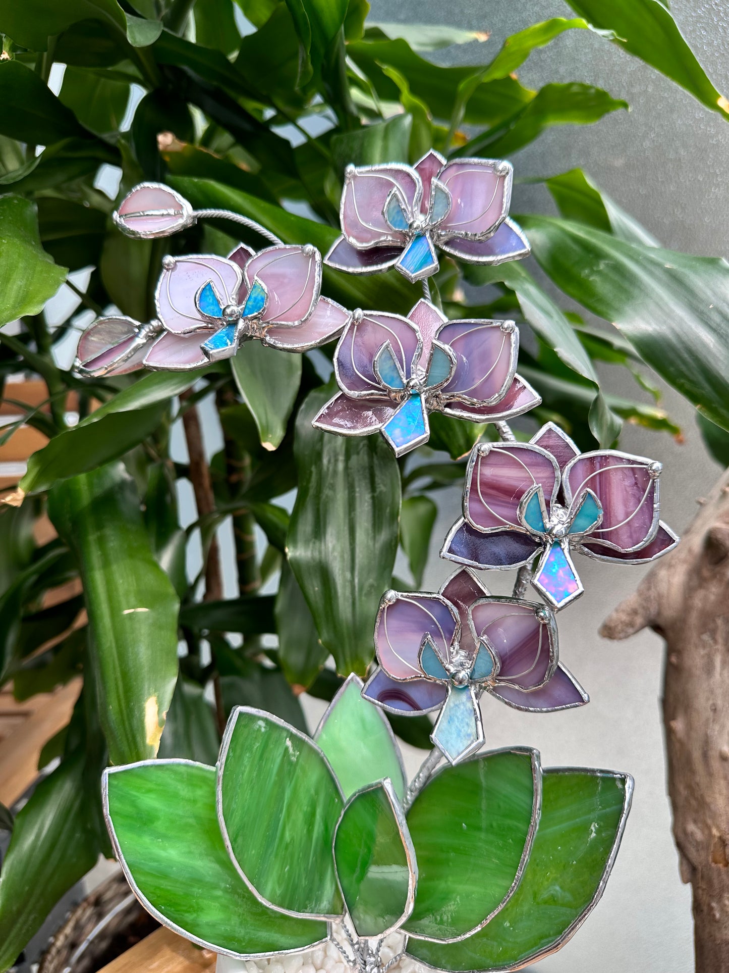 " .Dusty Rose translucent Orchid 5 flowers with pot" Stained glass tropical flower 3D, Sun catcher, Table plant, Garden stick, wedding decor, Christmas gift