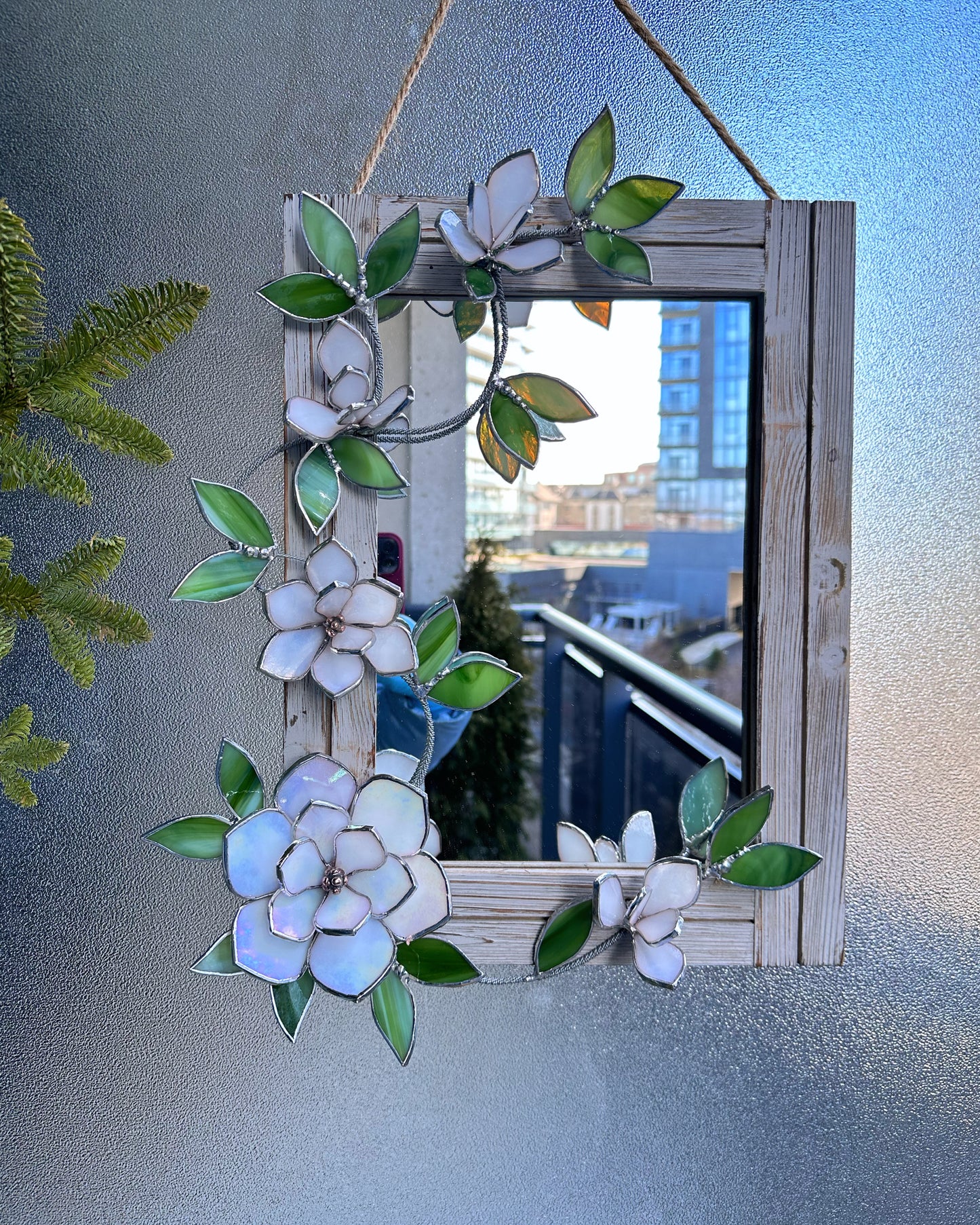 ". Stained glass flower Mirror White Pearl Magnolia Wedding Wall Decor Christmas gift Everlasting, Suncatcher, succulent,