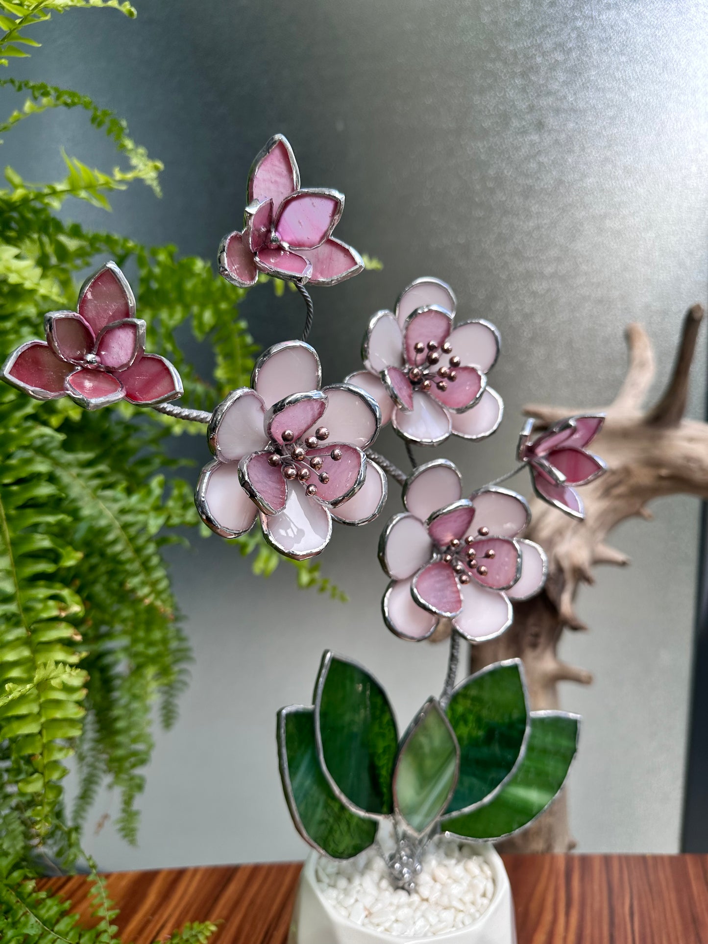 " . Sakura flowers with pot" Stained glass tropical flower 3D, Sun catcher, Table plant, Garden stick, wedding decor, Christmas gift