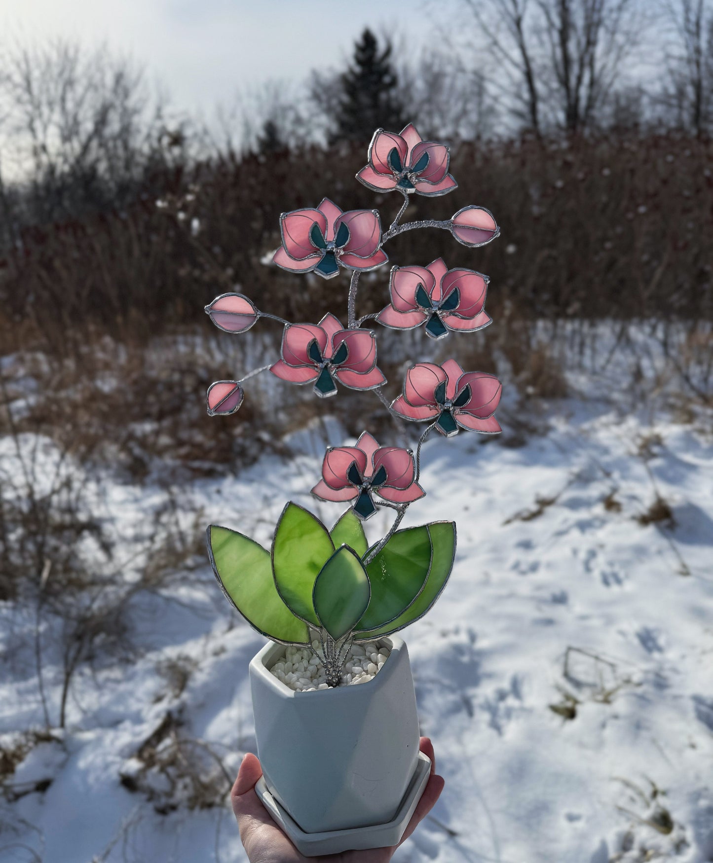 " . Bright Pink Orchid 6 flowers with pot" 2025 design, Stained glass tropical flower 3D, Sun catcher, Table plant, Garden stick, wedding decor, Christmas gift