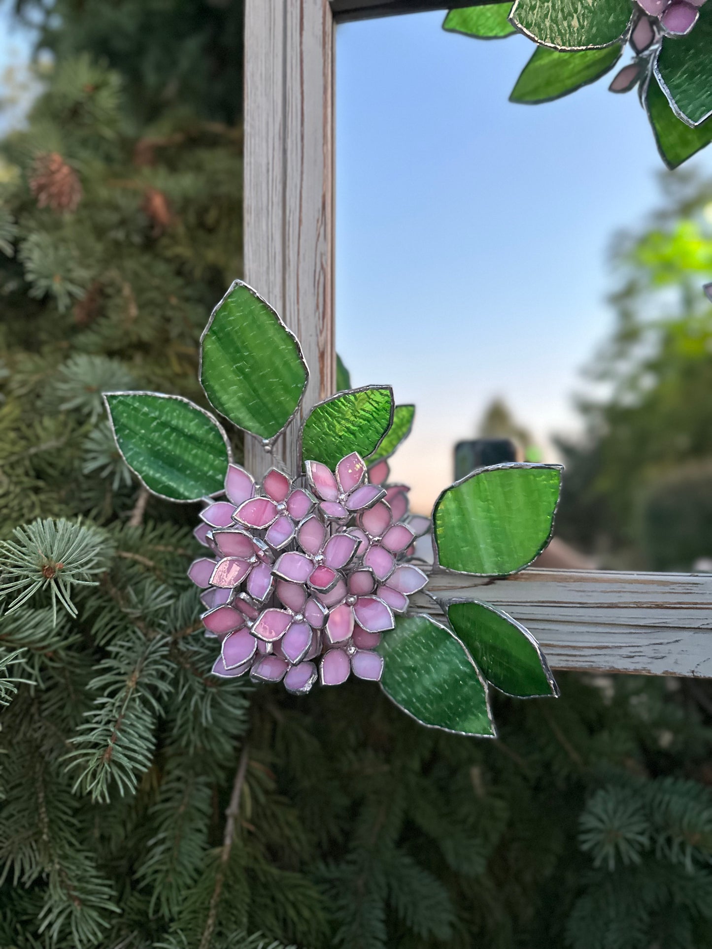 " . Baby Pink Hydrangea Flower Mirror , Stained glass Wedding Wall Decor, Christmas gift, Suncatcher, available