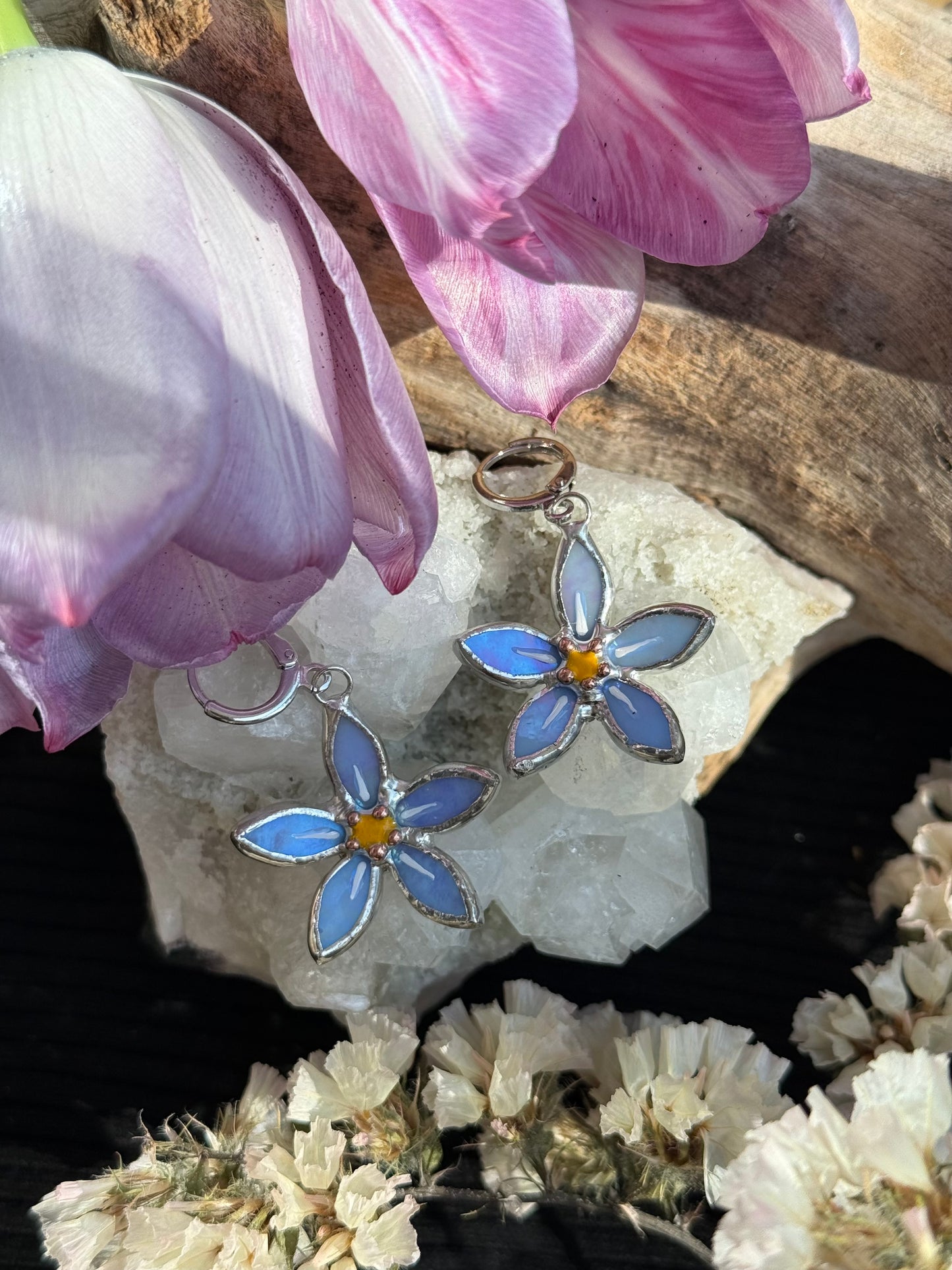 Forget Me Not Earrings Sky Blue Iridescent Handcrafted Stained glass Botanical Art Jewelry