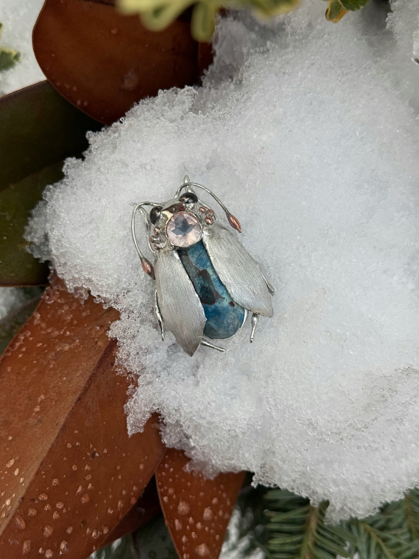 "  . Bug Necklace or Brooch with semi-precious stones and fused glass, art jewelry pendant 3D wedding jewelry Mother’s Day gift