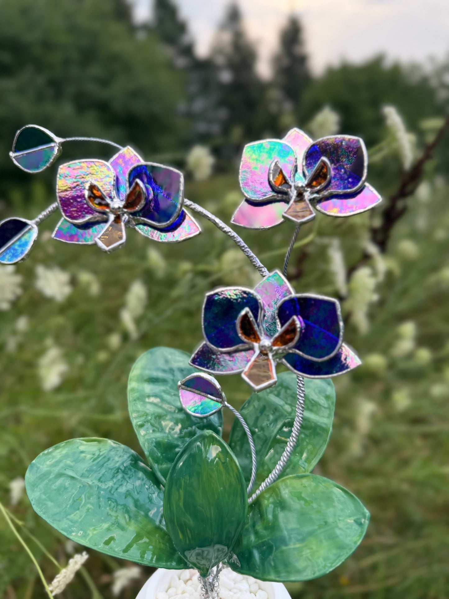 Orchid Indigo Iridescent Stained Glass WITH Hand Painted RESIN LEAVES, 3 Flowers, Botanical Table Decor