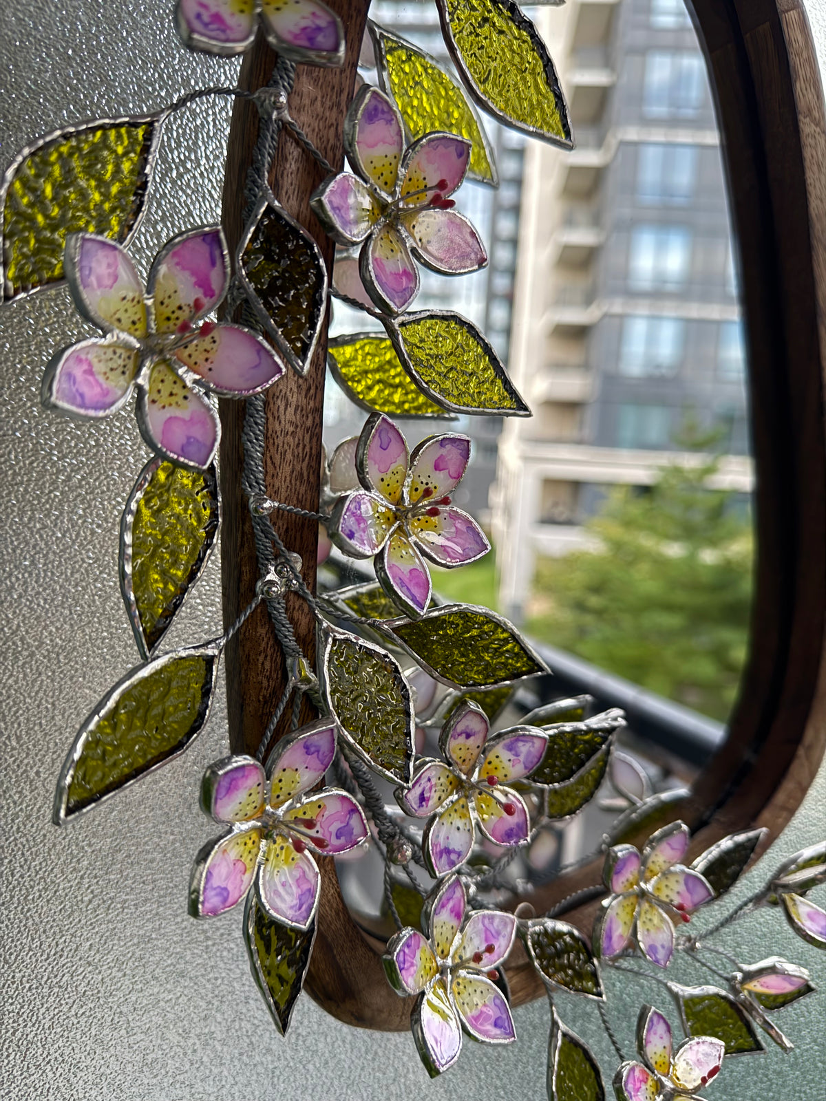 .Tropical Flower Hand Painted Stained glass Flower Mirror, 3D Botanical Floral Wall Art ready new