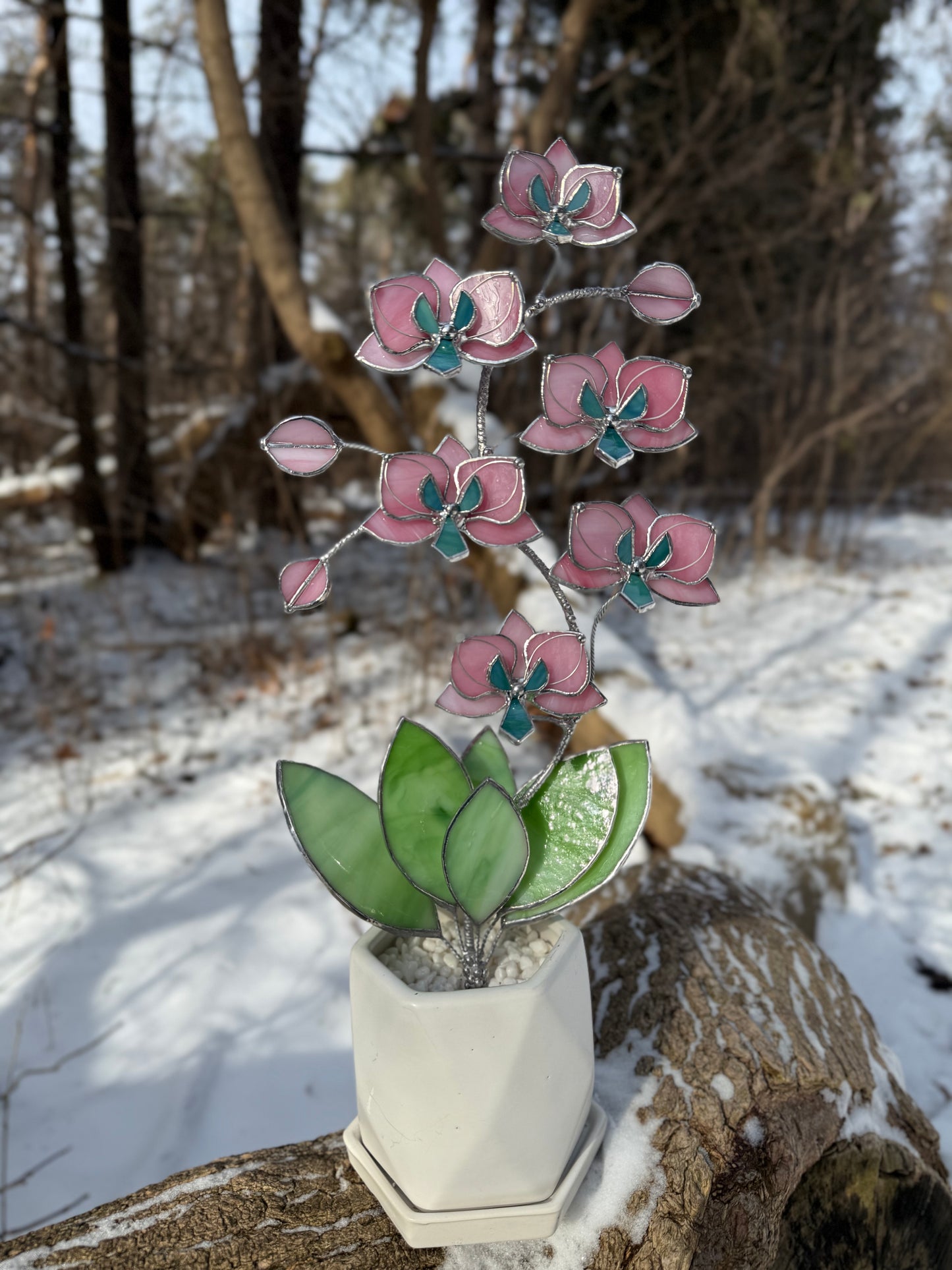 " . Bright Pink Orchid 6 flowers with pot" 2025 design, Stained glass tropical flower 3D, Sun catcher, Table plant, Garden stick, wedding decor, Christmas gift