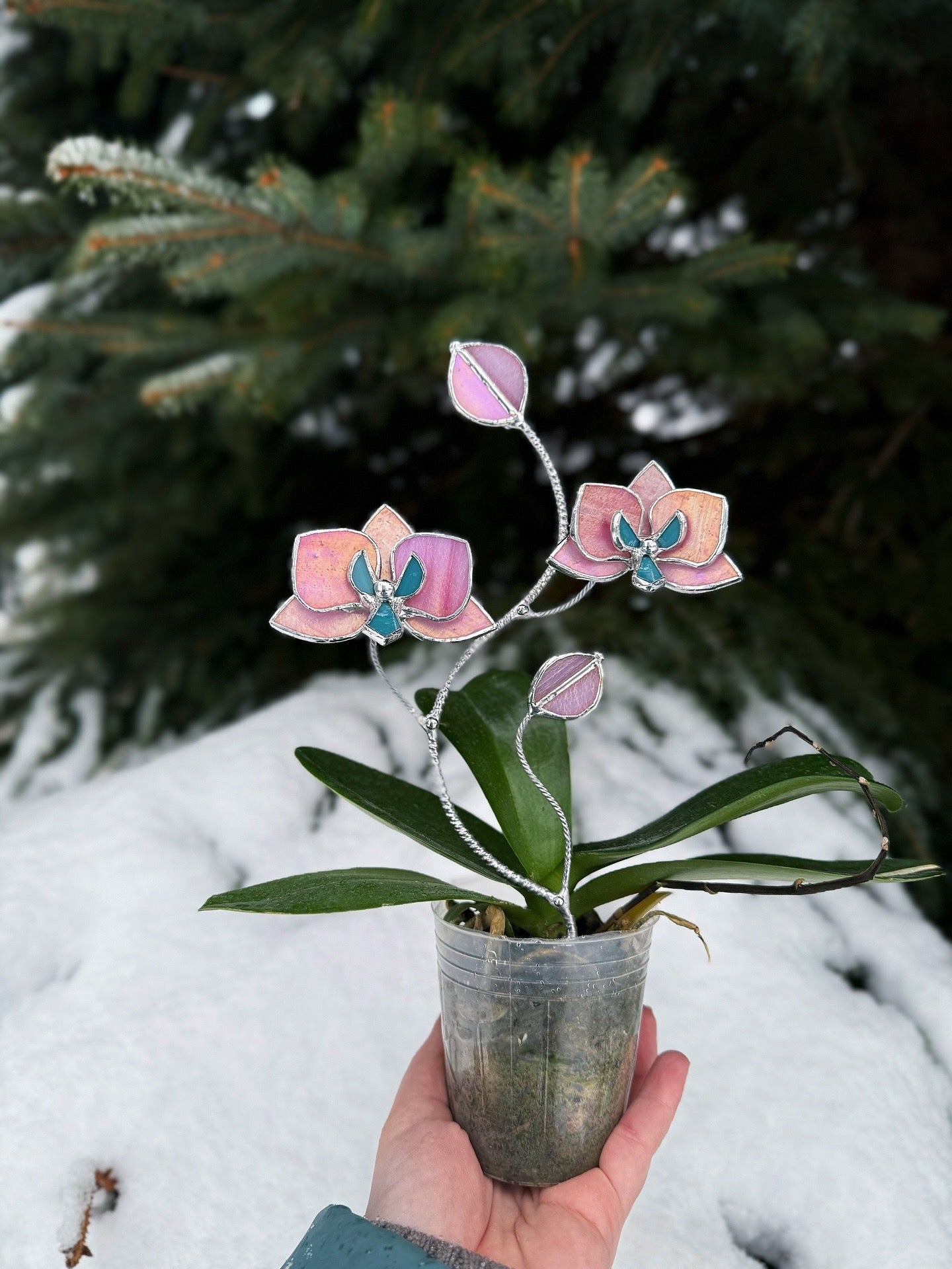 "  . Bright Pink iridescent Orchid flower stick, Plant stake 2 flowers no pot” Stained glass decor