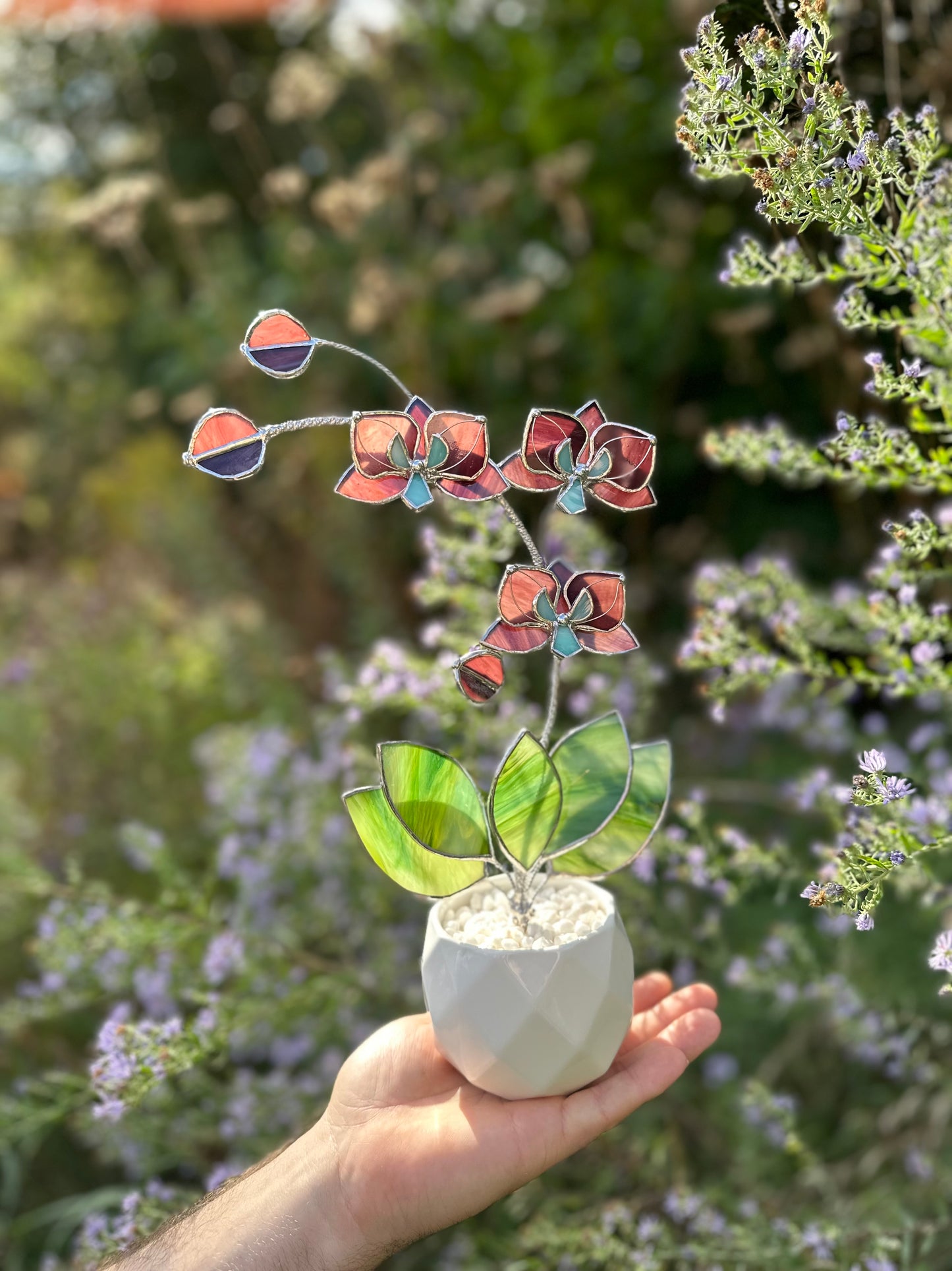 " . Elderberry Orchid 3 flowers with pot” Stained glass tropical flower 3D, Sun catcher, Table plant decor, Garden stick, Outdoor and gardening decor