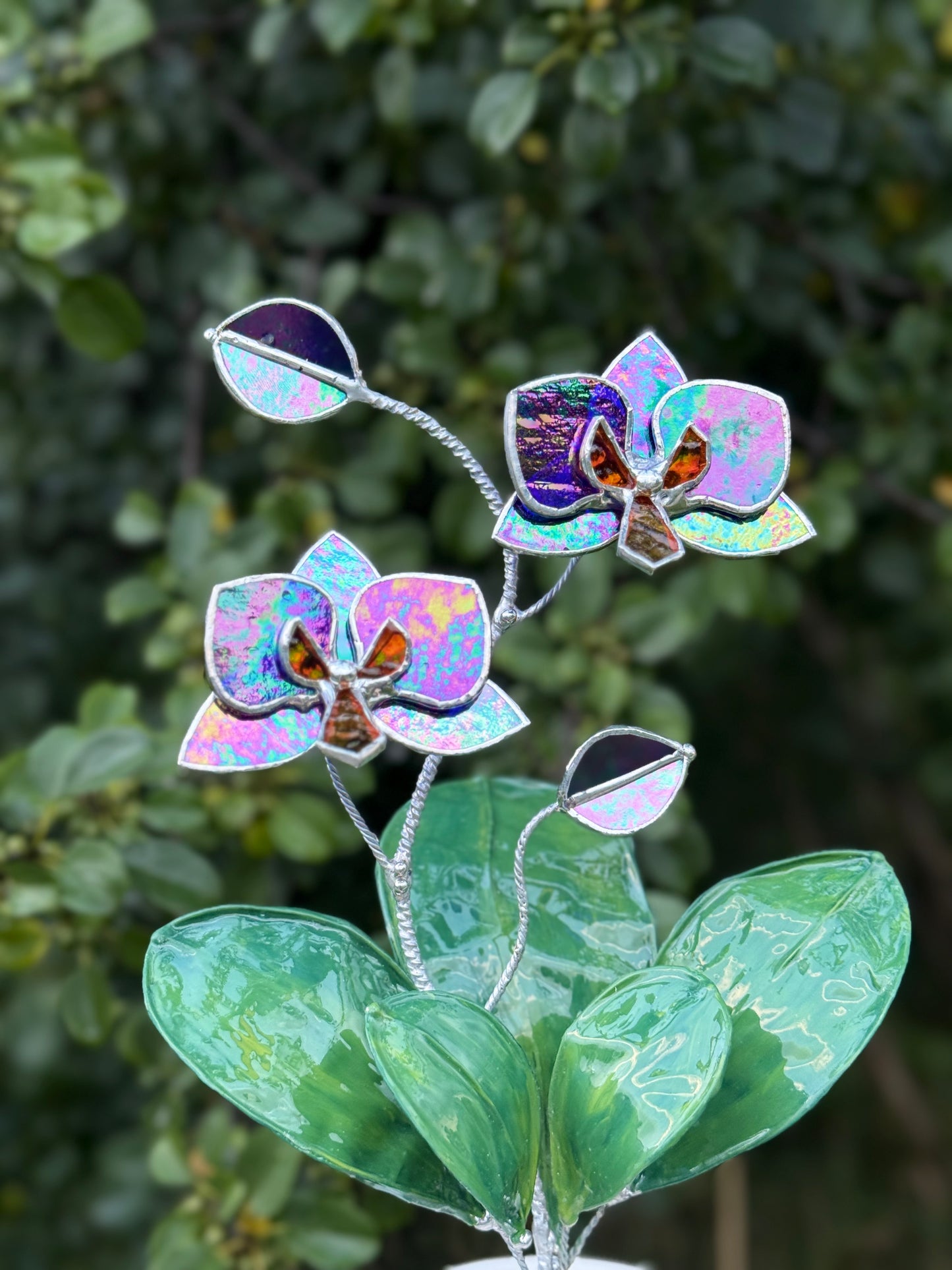 Orchid Indigo iridescent WITH RESIN Hand painted LEAVES Stained Glass 2 flowers in a Pot, Botanical Art Sculpture
