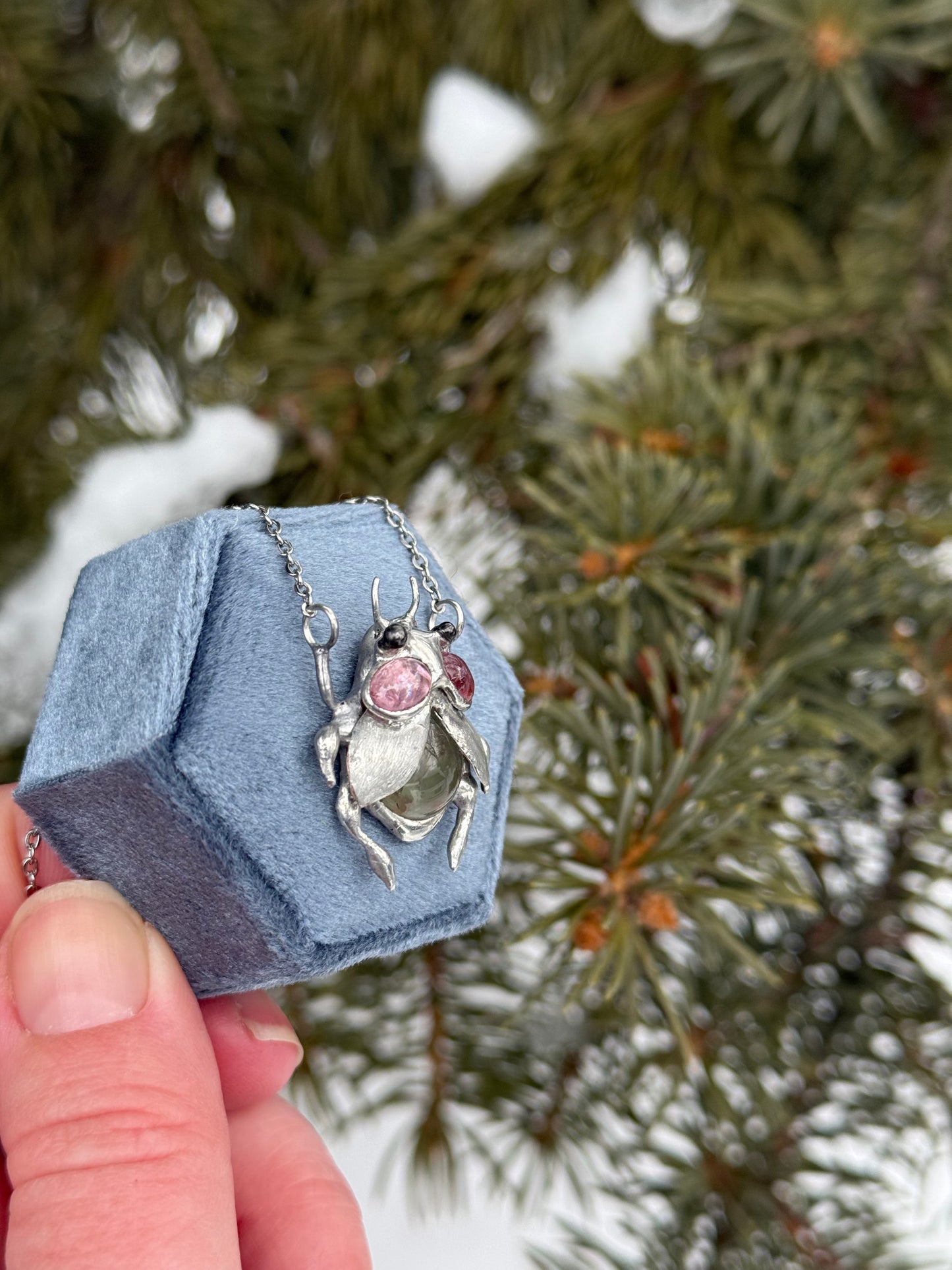 " . Bug necklace Flower Chafer with Pink Tourmaline & Olive Prehnite”, art jewelry pendant with gemstones 3D wedding jewelry Mother’s Day gift