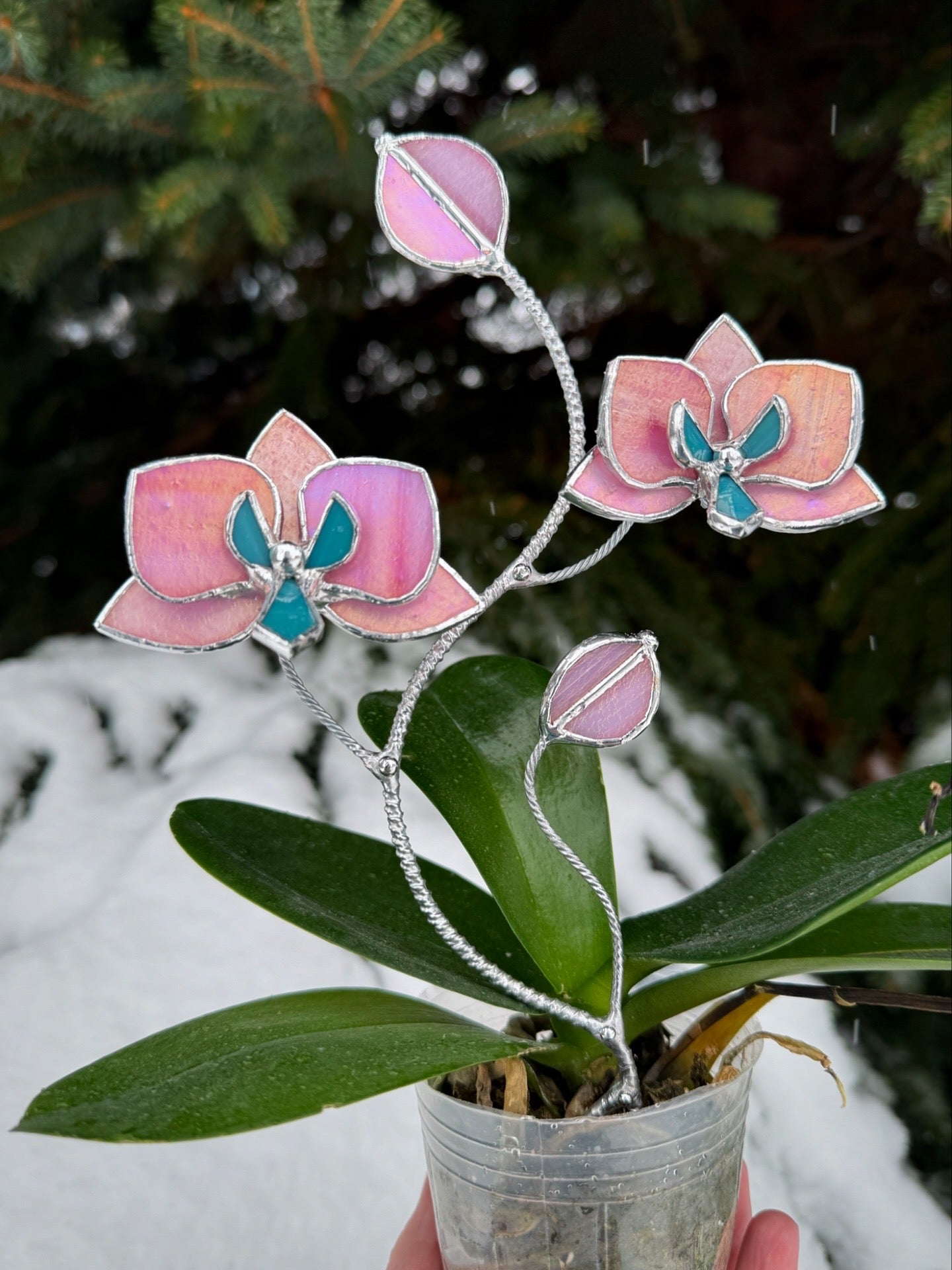 "  . Bright Pink iridescent Orchid flower stick, Plant stake 2 flowers no pot” Stained glass decor