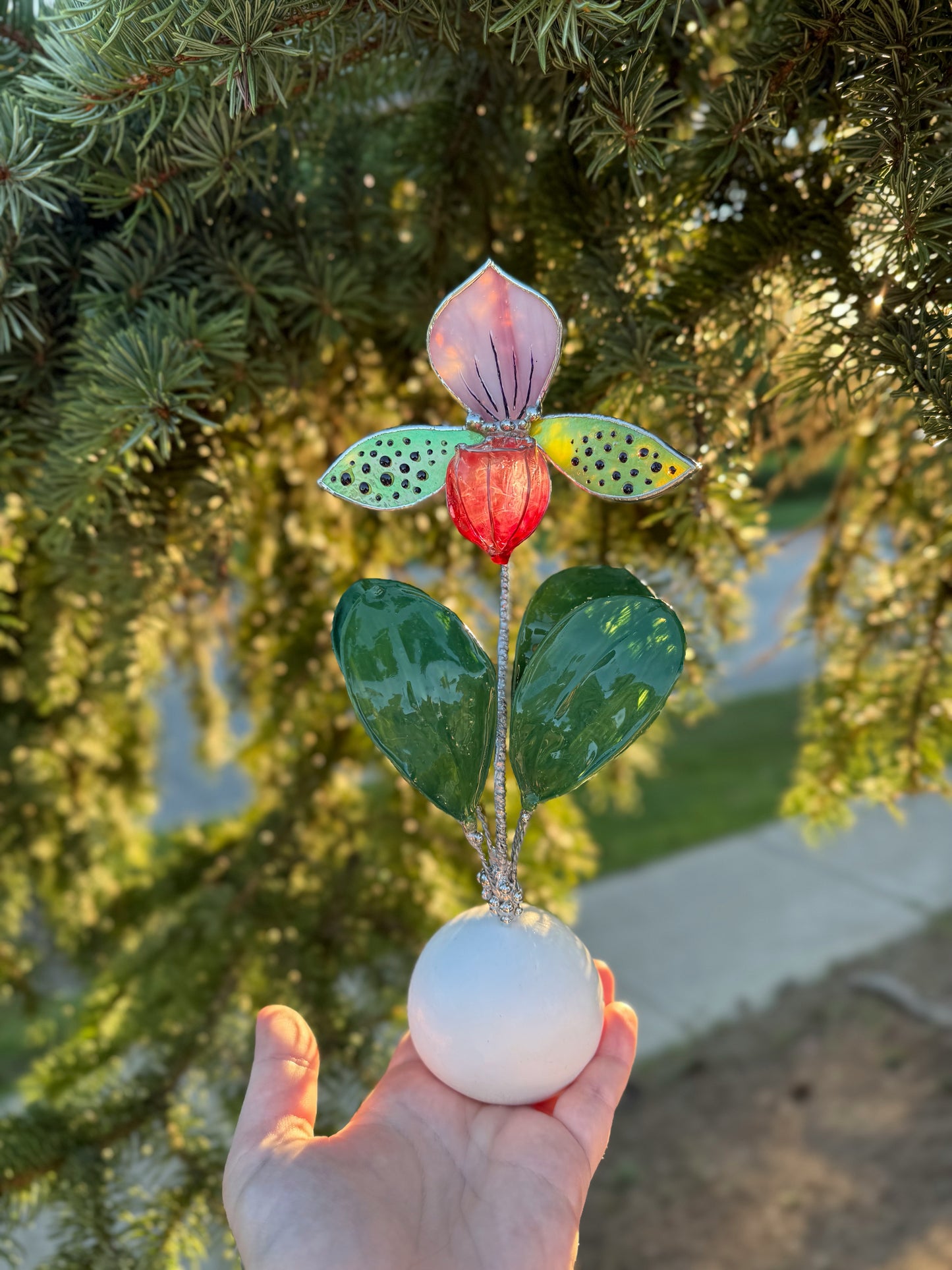 Lady’s Slipper Orchid, Handpainted Artificial Flower With Resin Leaves, Botanical Art Stained glass