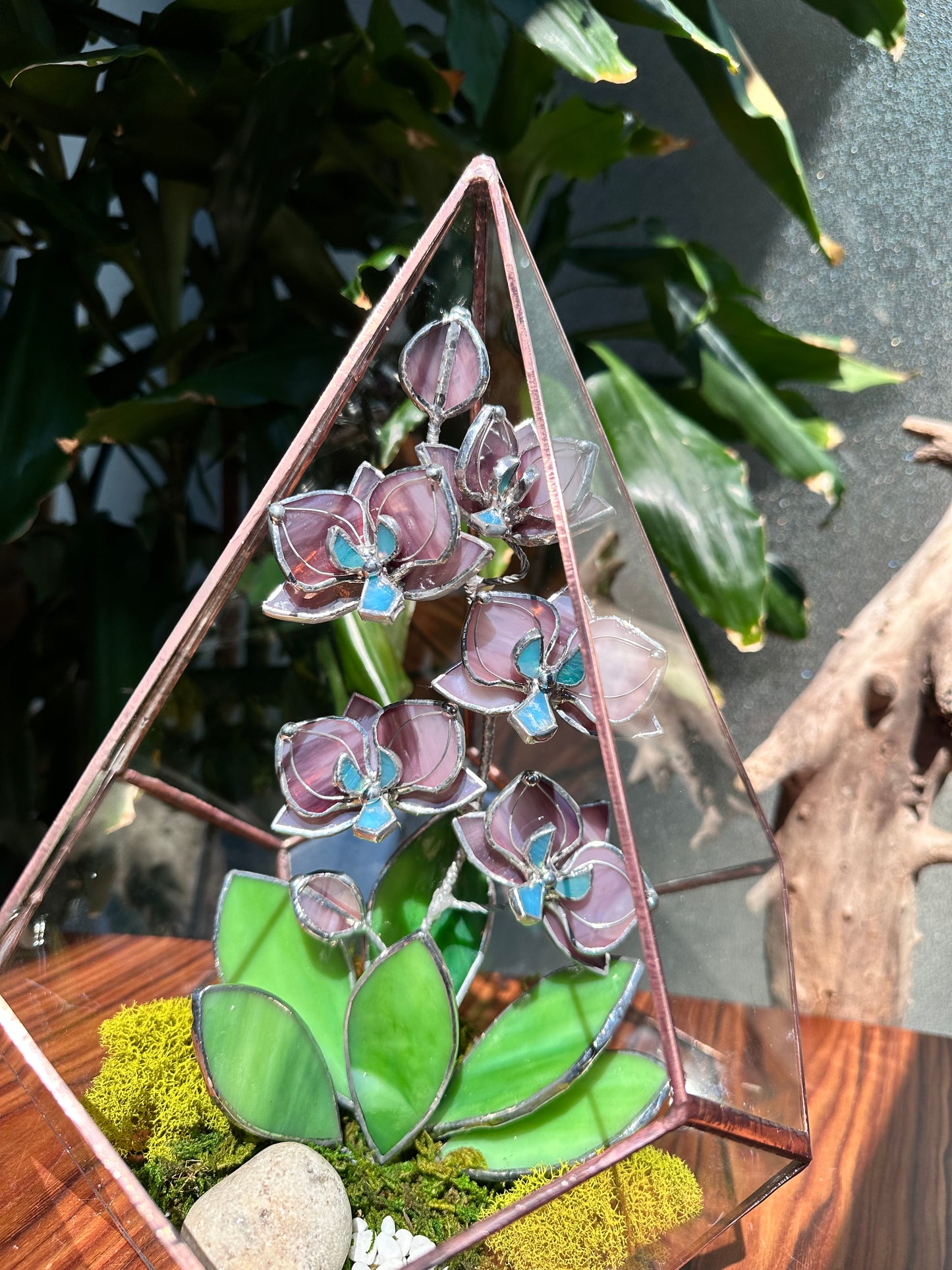 " . Geometric glass 3D terrarium Teardrop with stained glass orchids. Wedding glass decor, Mother’s Day  gift, glass art, suncatcher, succulents, cacti