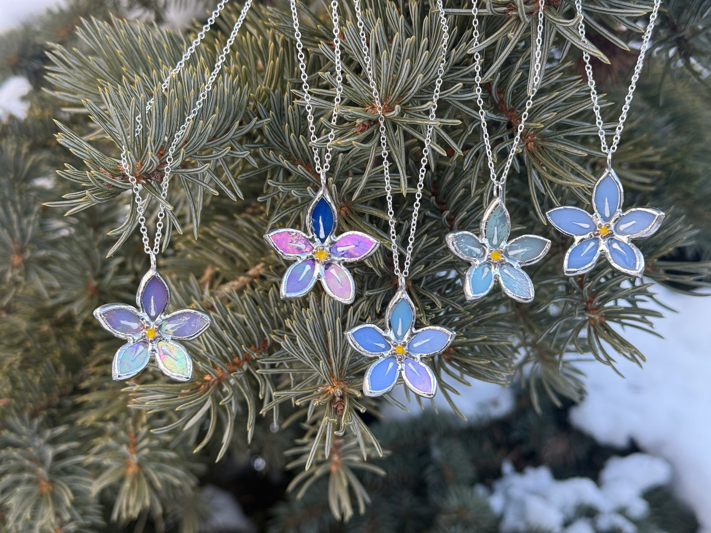 " .  CHOOSE COLOR Necklace Stained glass Forget Me Not flower, Modern art, jewelry