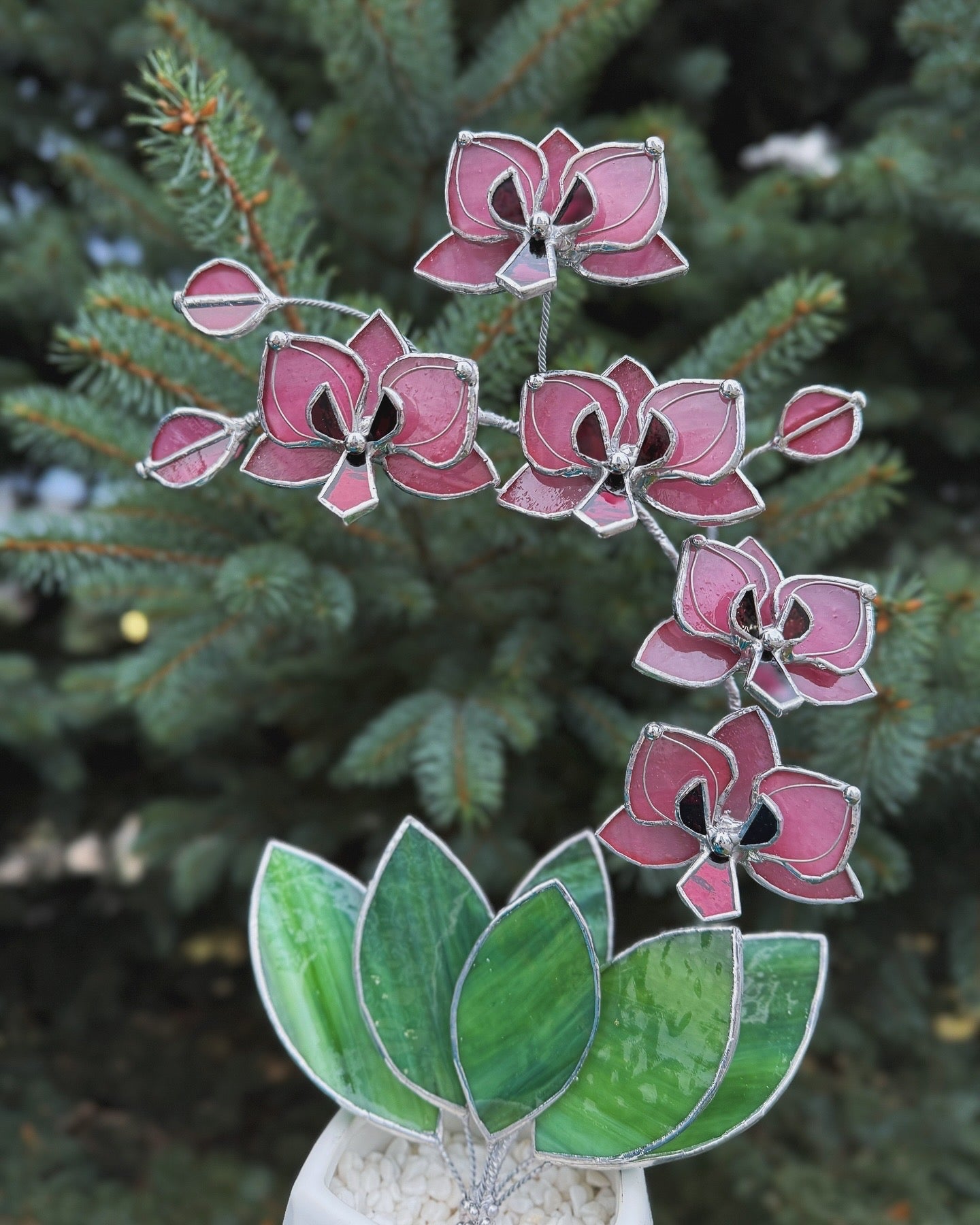 " .Baby Pink Orchid 5 flowers with pot" Stained glass tropical flower 3D, Sun catcher, Table plant, Garden stick, wedding decor, Christmas gift