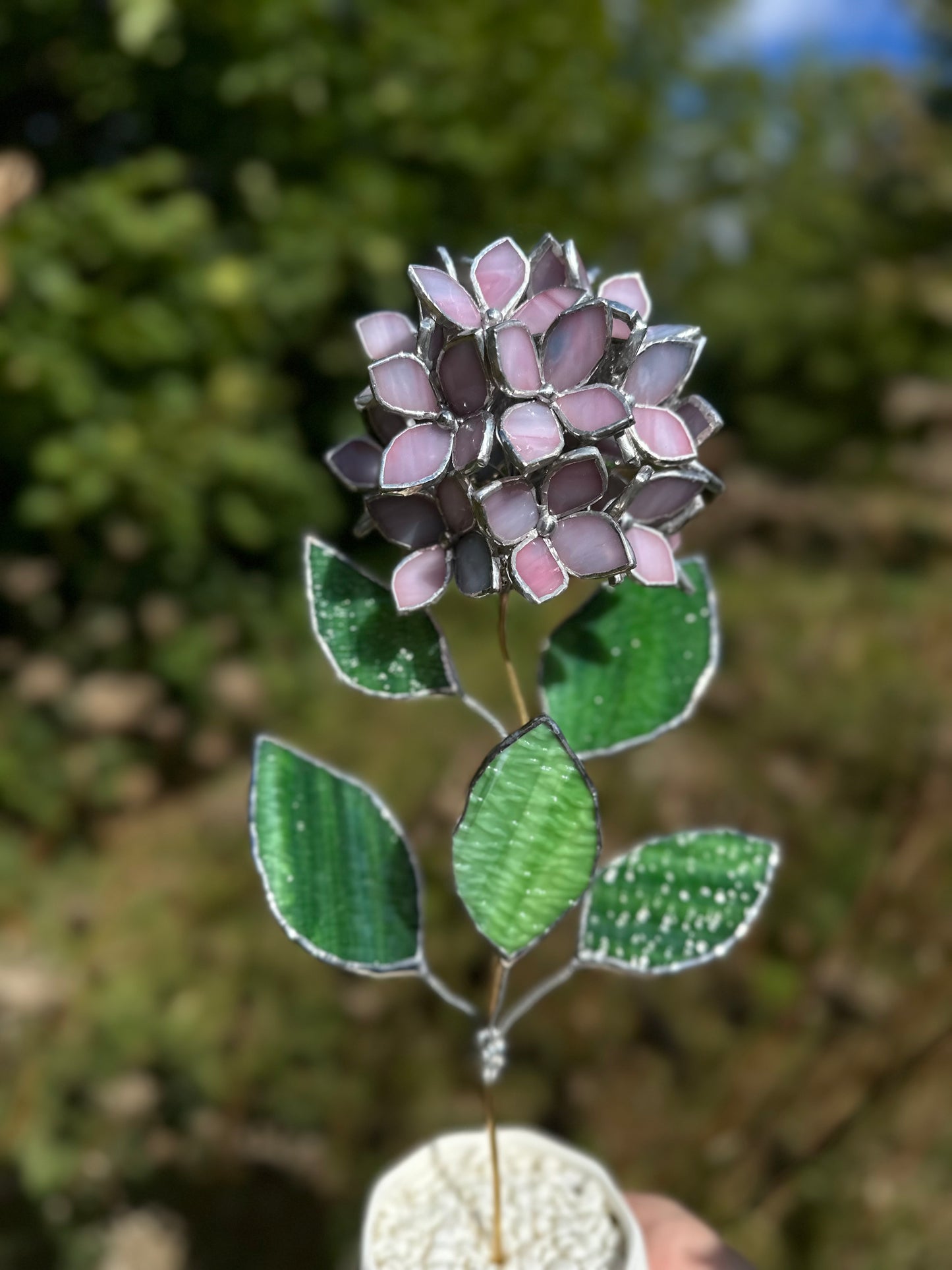 " . Dusty Pink Hydrangea bunch translucent in the sun in flower pot”, Stained glass tropical flower 3D, Sun catcher, Table plant, Garden stick, Outdoor and gardening decor