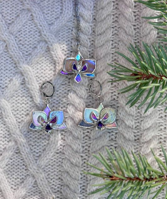 " . CHOOSE COLOR “EARRINGS AND NECKLACE SET Orchid flower” Stained glass tropical flower 3D, art jewelry