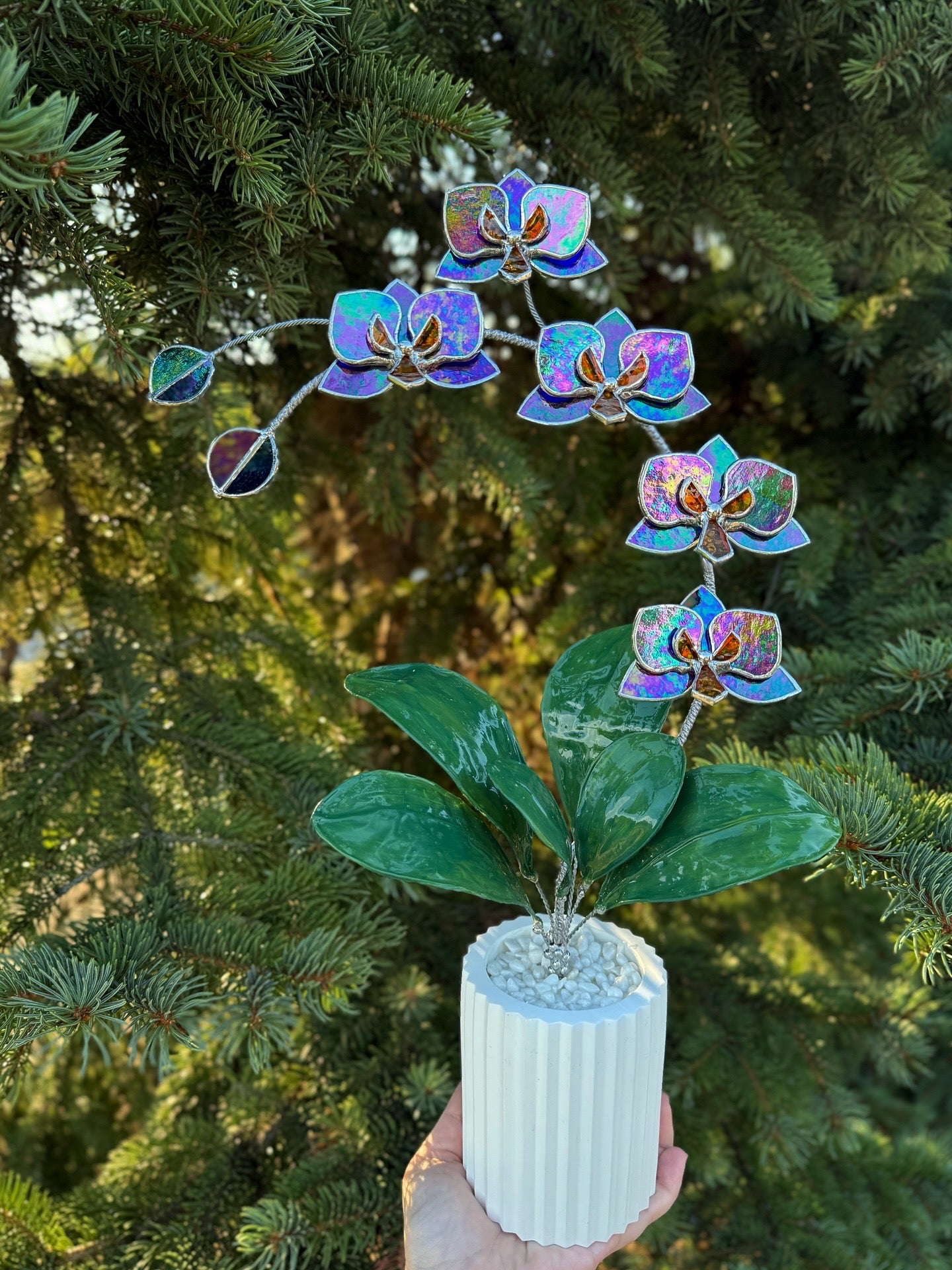 .Amethyst indigo Orchid, WITH RESIN LEAVES, 5 Flowers, Handmade Stained Glass Botanical Art Decor