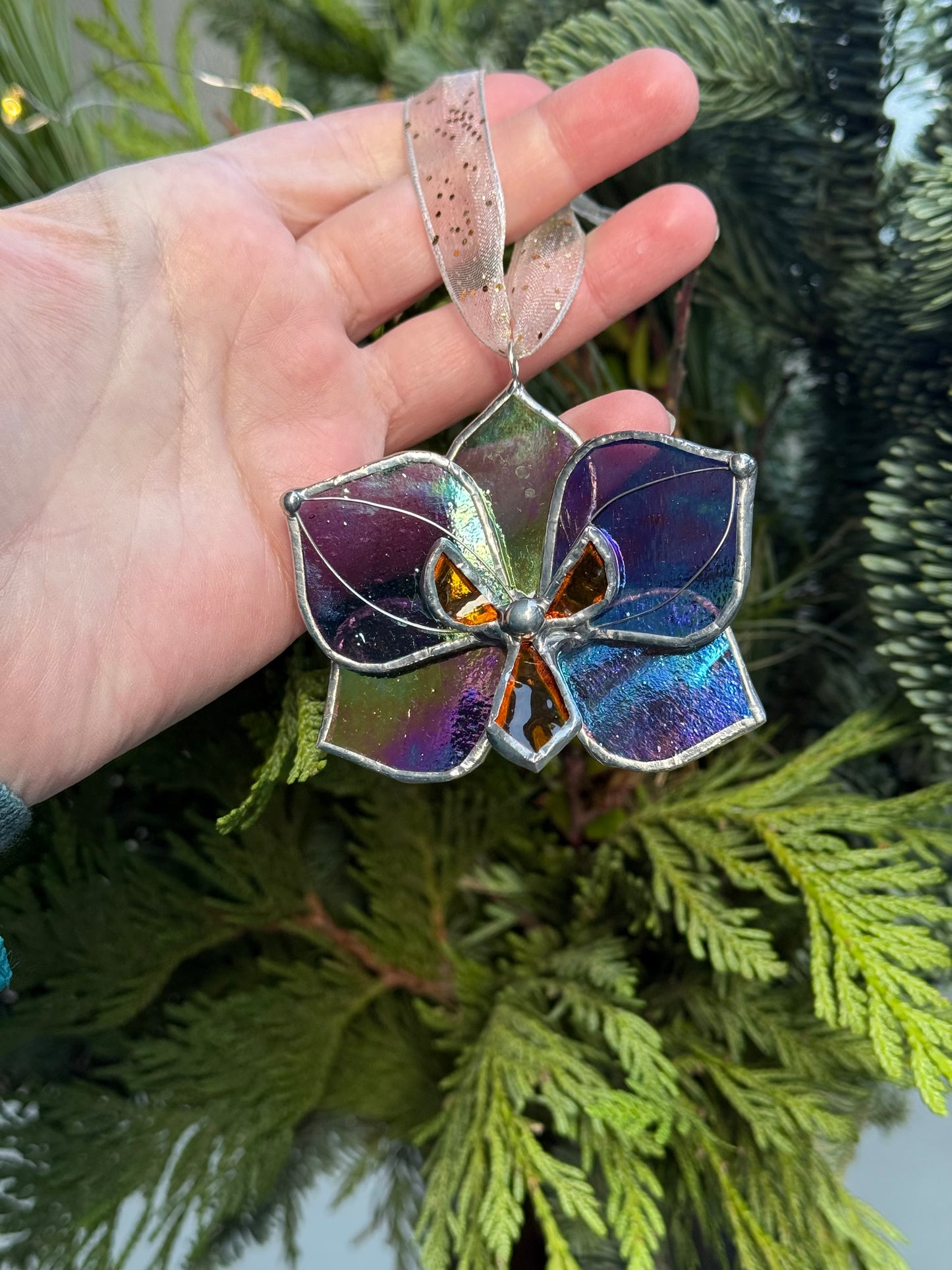 " . Butterfly Orchid flower Plum transparent irid, Stained glass Decorative ORNAMENT, Christmas decoration, Suncatcher