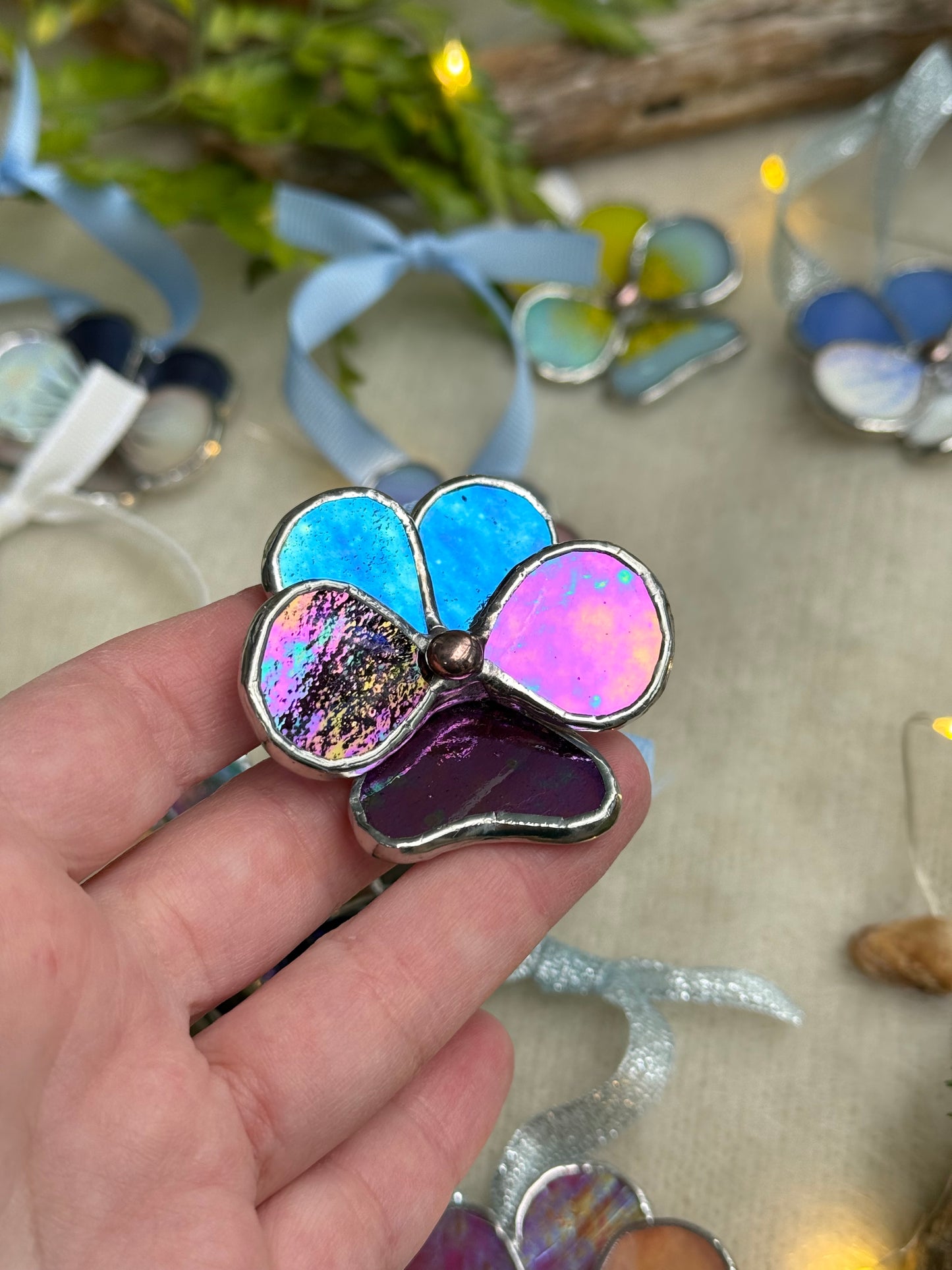 " . Pansy flower Plum irid transparent , Stained glass Decorative ORNAMENT, Christmas decoration, Suncatcher new