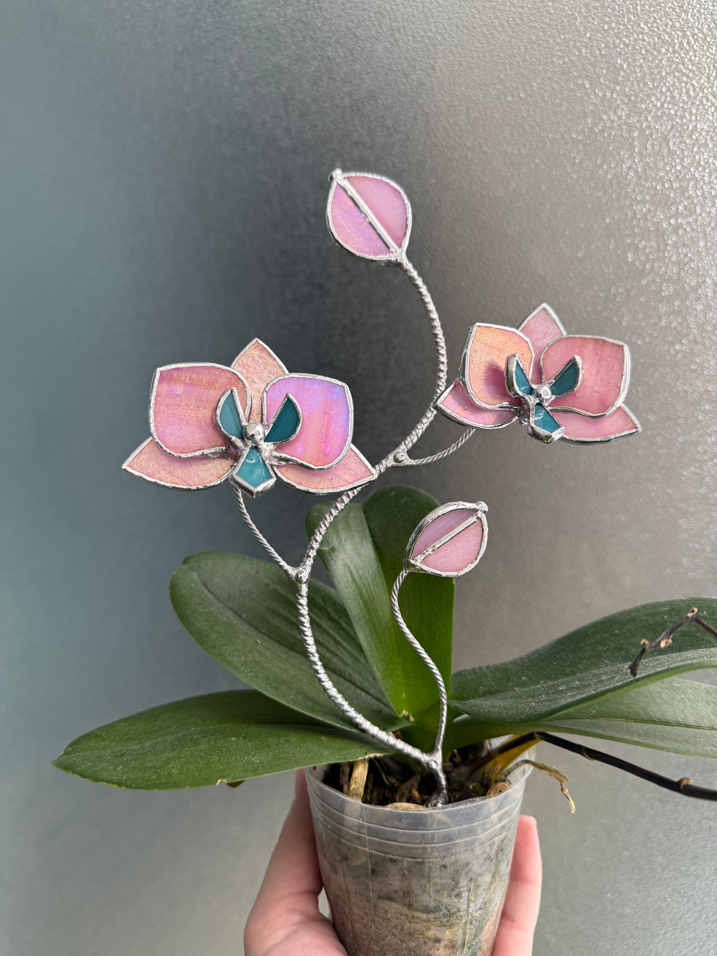 "  . Bright Pink iridescent Orchid flower stick, Plant stake 2 flowers no pot” Stained glass decor
